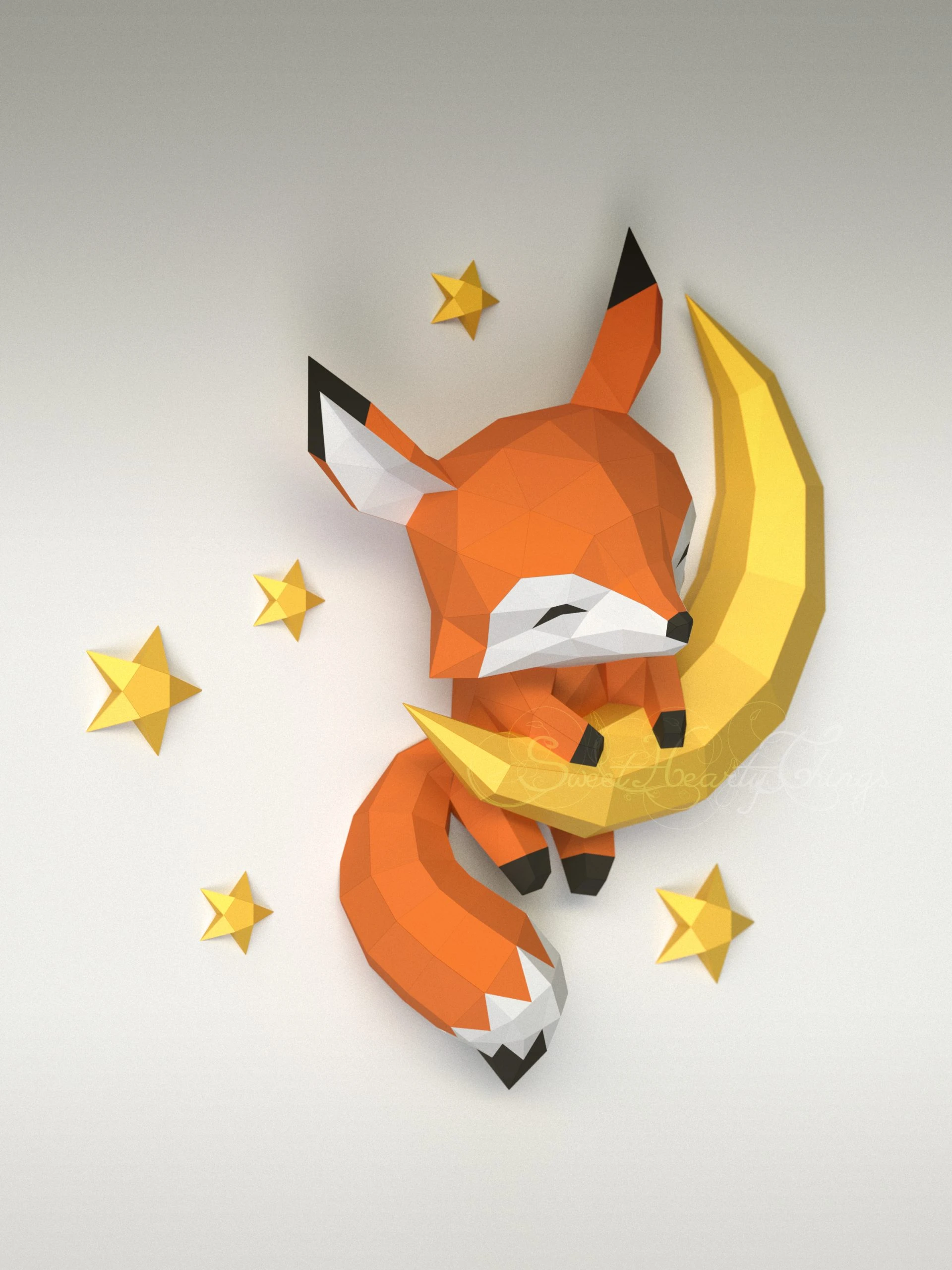 DIY 3d papercraft Baby Fox On The Moon PDF Templates Low Poly SweetHeartyThings