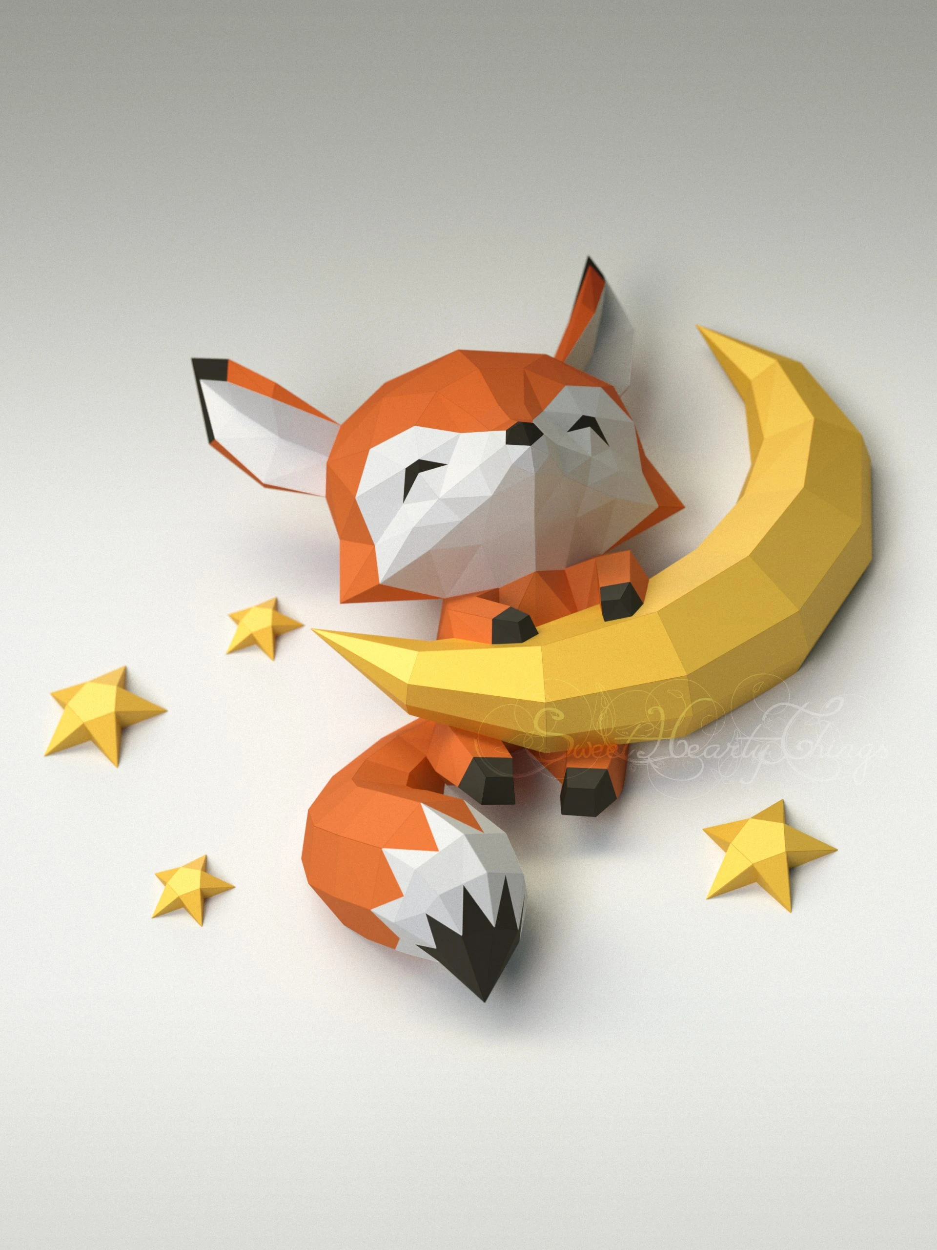 DIY 3d papercraft Baby Fox On The Moon PDF Templates Low Poly SweetHeartyThings