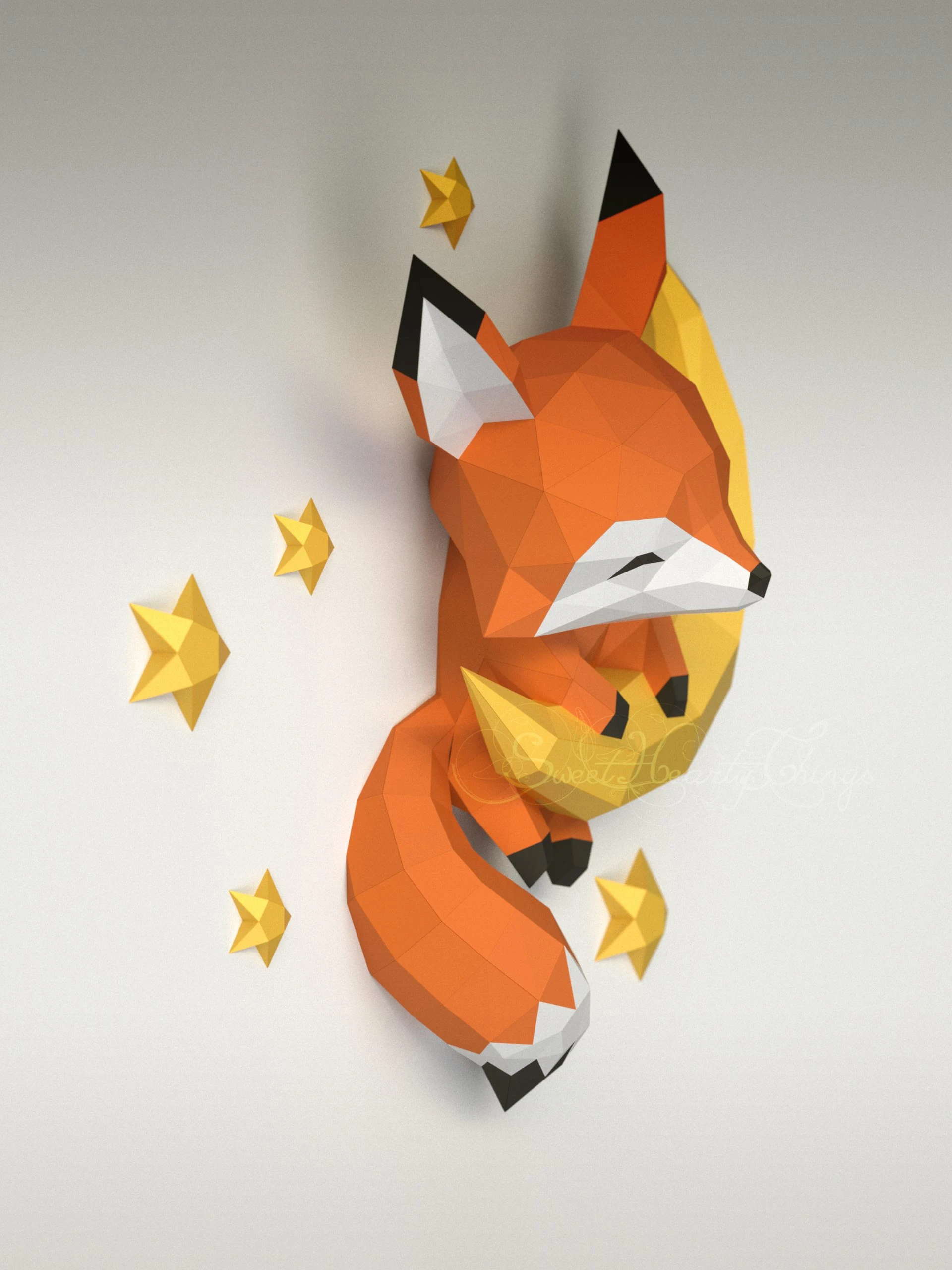 DIY 3d papercraft Baby Fox On The Moon PDF Templates Low Poly SweetHeartyThings