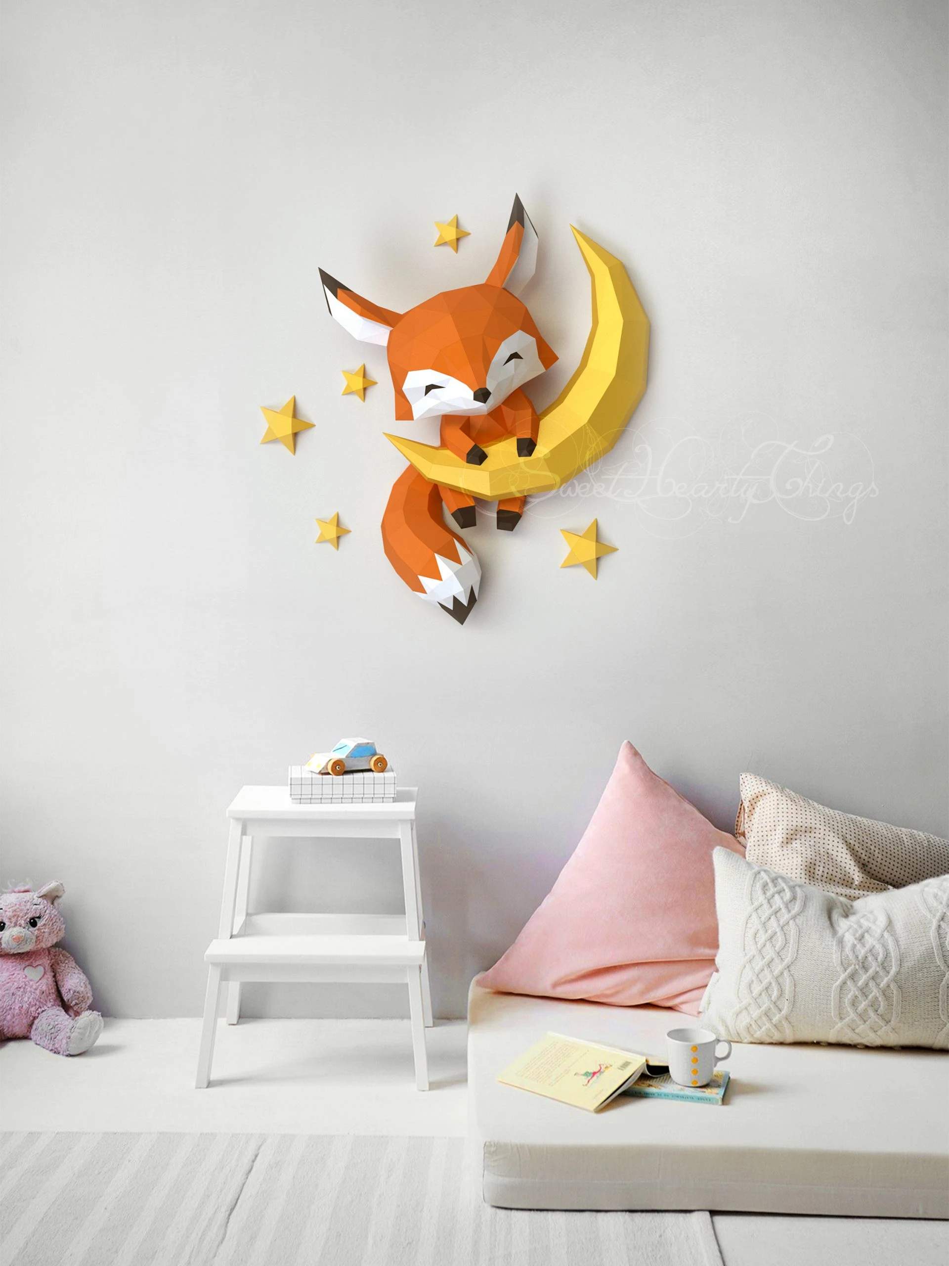 DIY 3d papercraft Baby Fox On The Moon PDF Templates Low Poly SweetHeartyThings