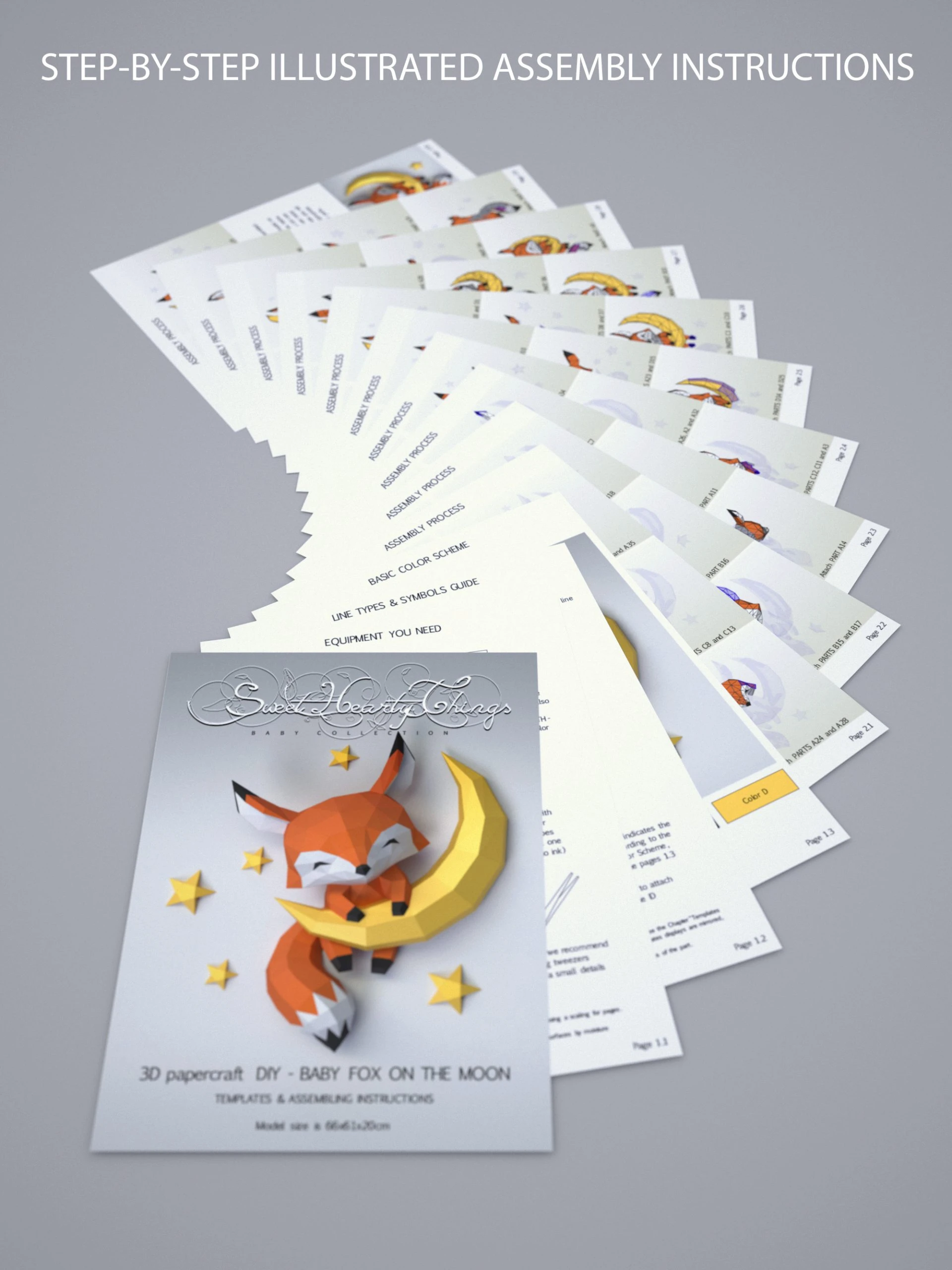 DIY 3d papercraft Baby Fox On The Moon PDF Templates Low Poly SweetHeartyThings