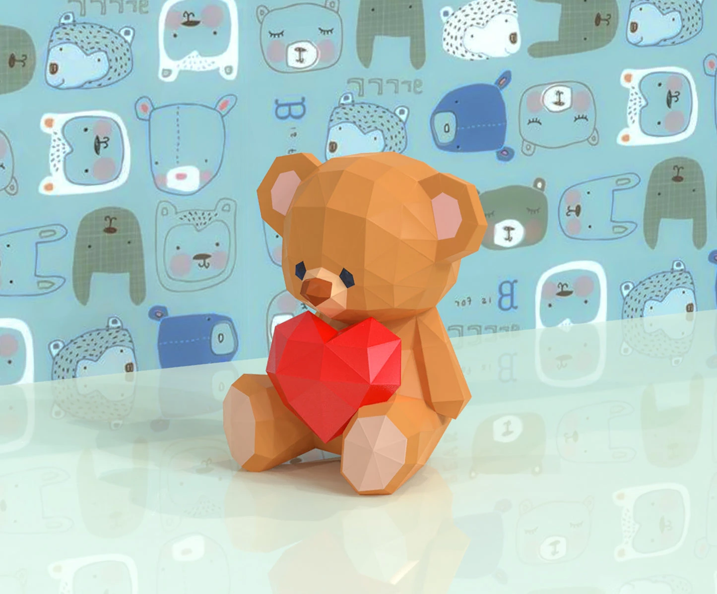 Bear with Heart Papercraft, Lowpoly, Lowpoly Papercraft