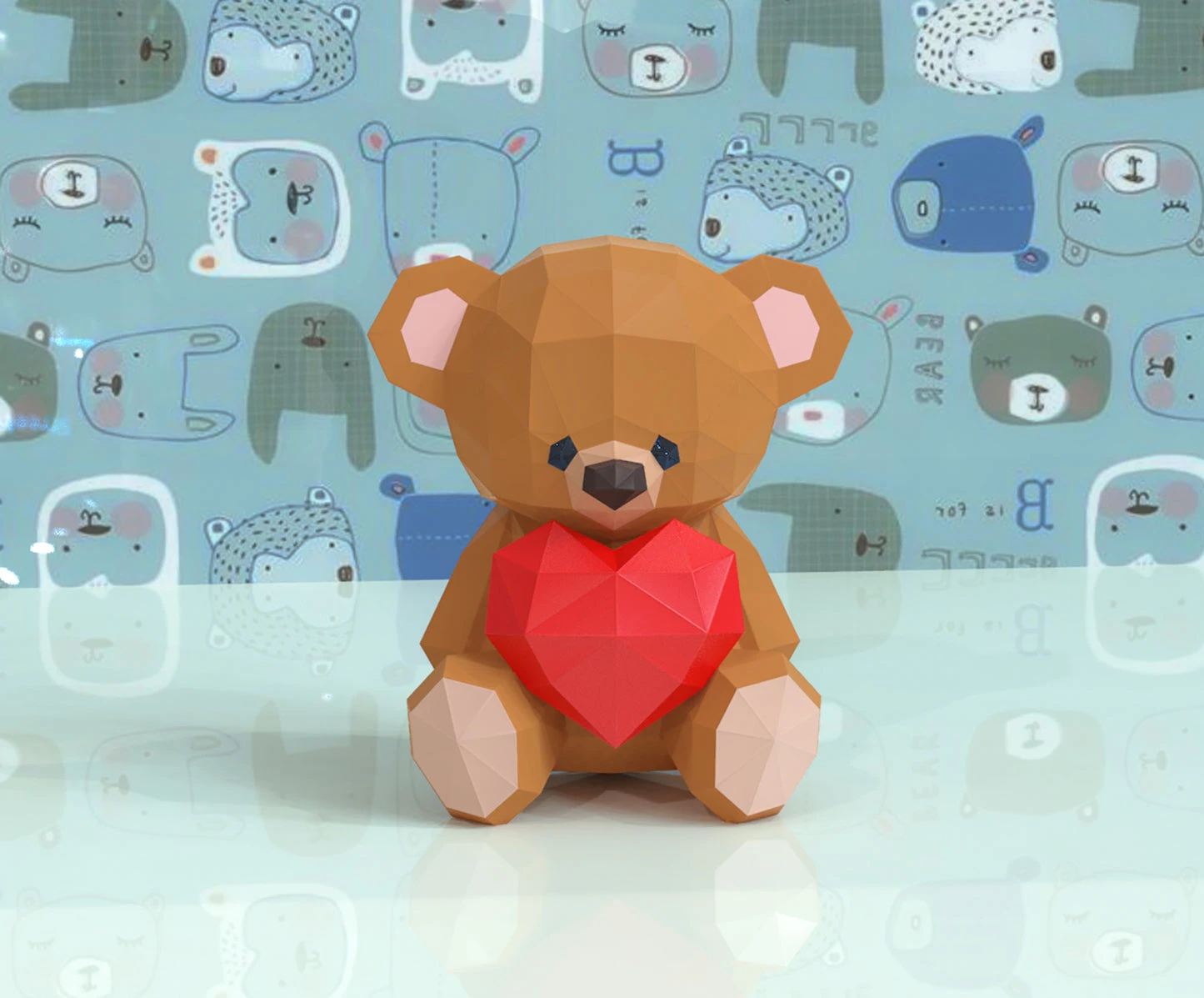 Bear with Heart Papercraft, Lowpoly, Lowpoly Papercraft