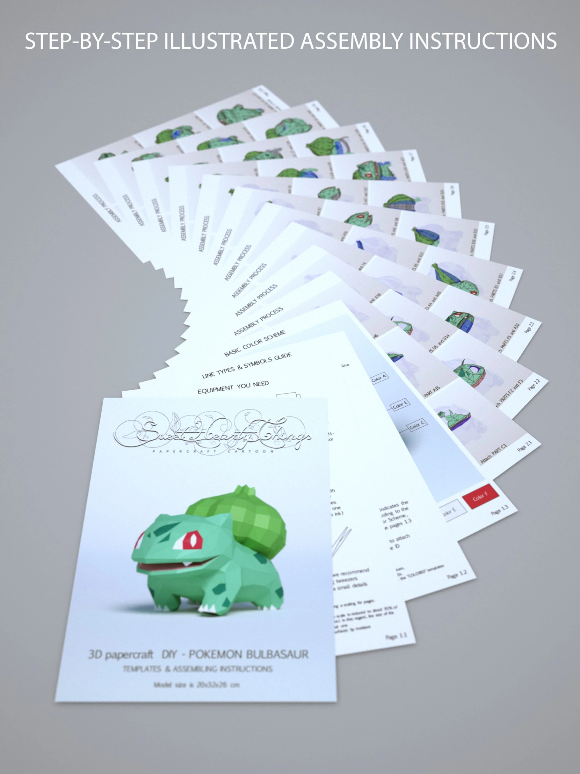 DIY 3d papercraft Pokemon Bulbasaur PDF Templates Low Poly SweetHeartyThings