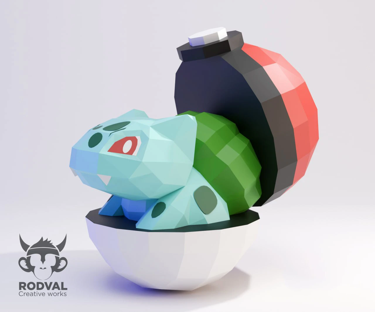 BULBASAUR POKEBALL, Pokemon, Papercraft, Template, DIY, Paper, Low Poly, Cute, Kawaii, 3D Model, Pdf Low Poply, Kids Toy