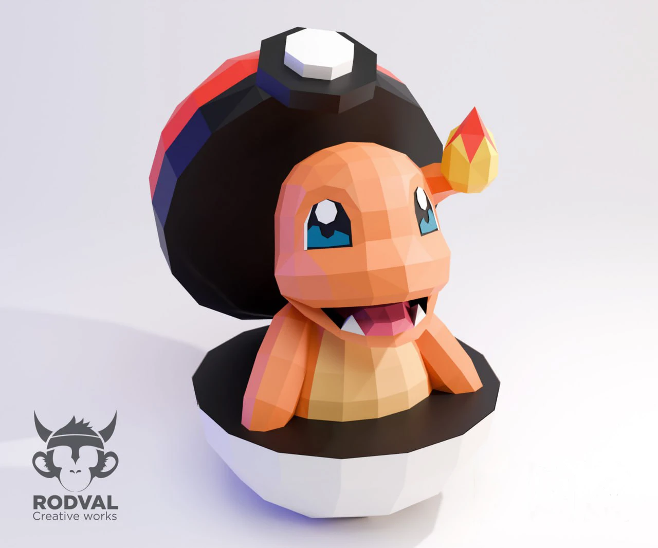 CHARMANDER POKEBALL, Pokemon, Papercraft, Template, DIY, Paper, Low Poly, Cute, Kawaii, 3D Model, Pdf Low Poply, Kids Toy