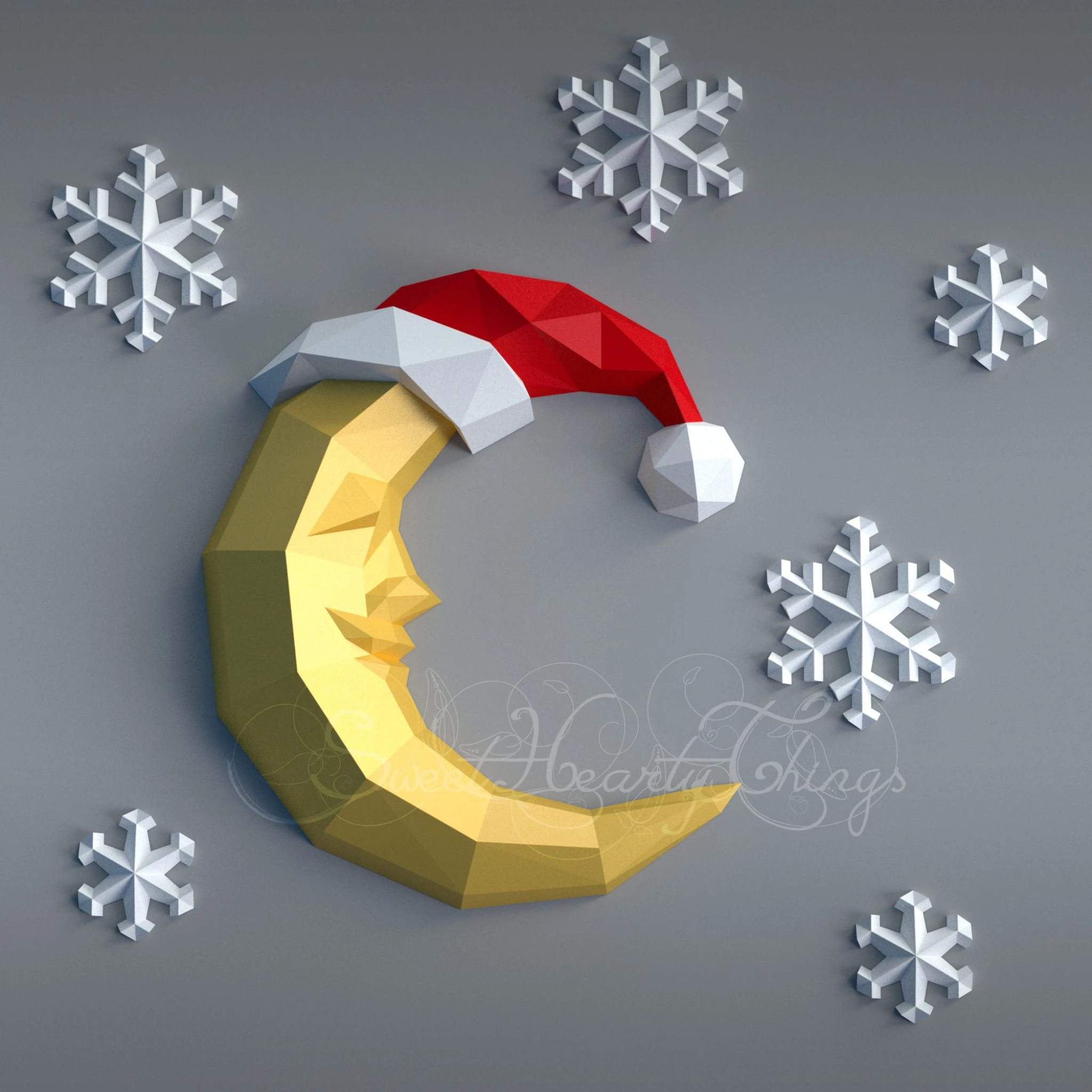 DIY 3d papercraft Christmas Moon and Snowflakes PDF Templates Low Poly SweetHeartyThings