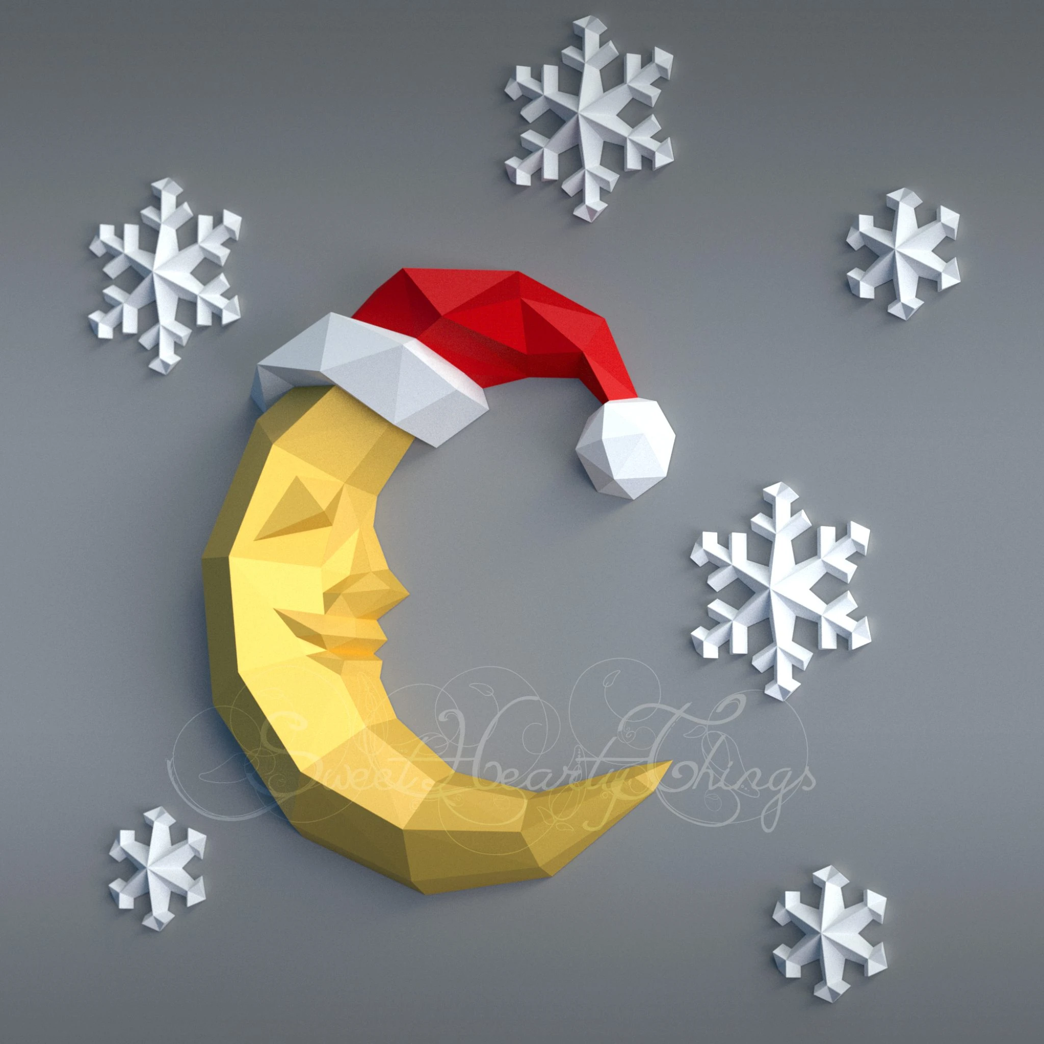 DIY 3d papercraft Christmas Moon and Snowflakes PDF Templates Low Poly SweetHeartyThings