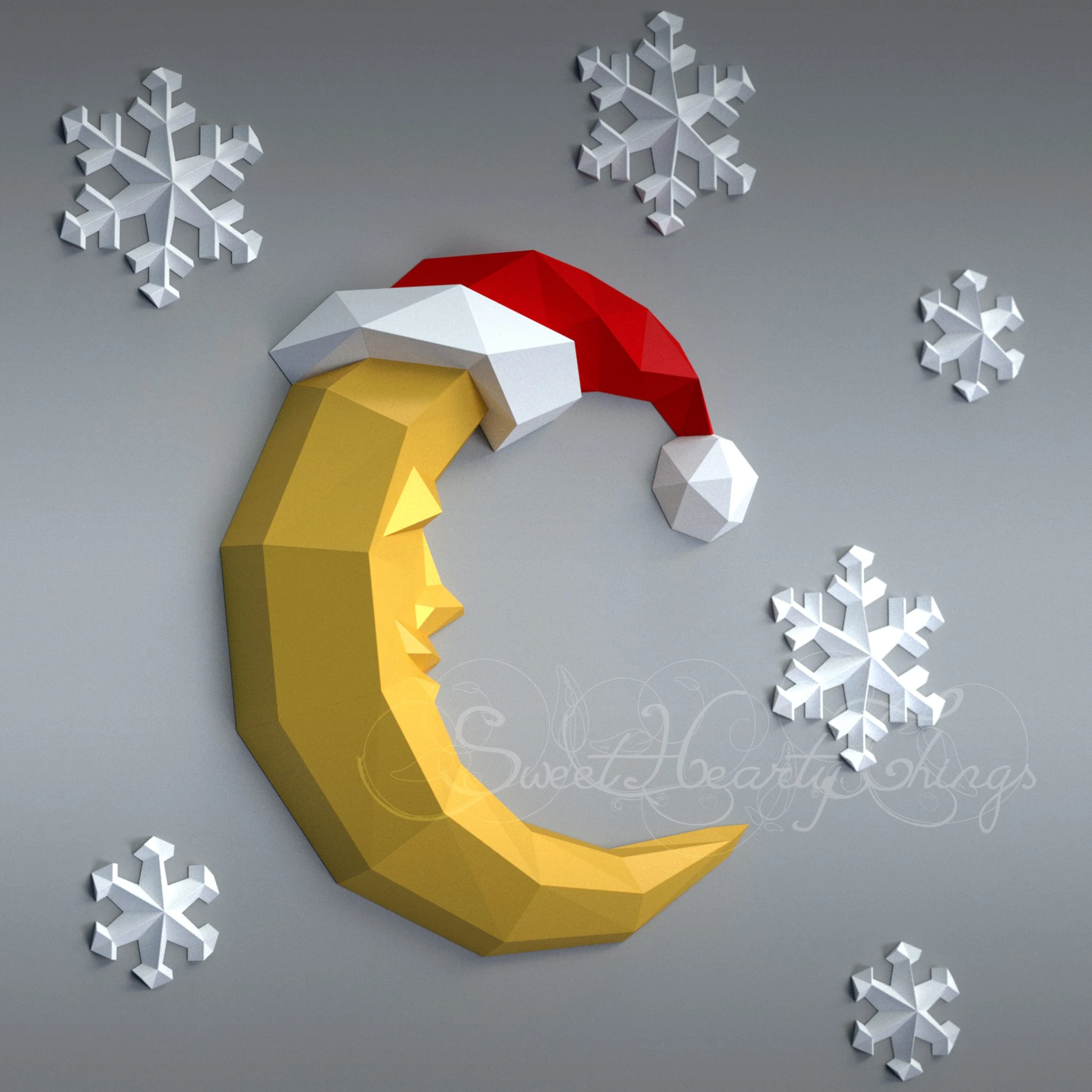 DIY 3d papercraft Christmas Moon and Snowflakes PDF Templates Low Poly SweetHeartyThings