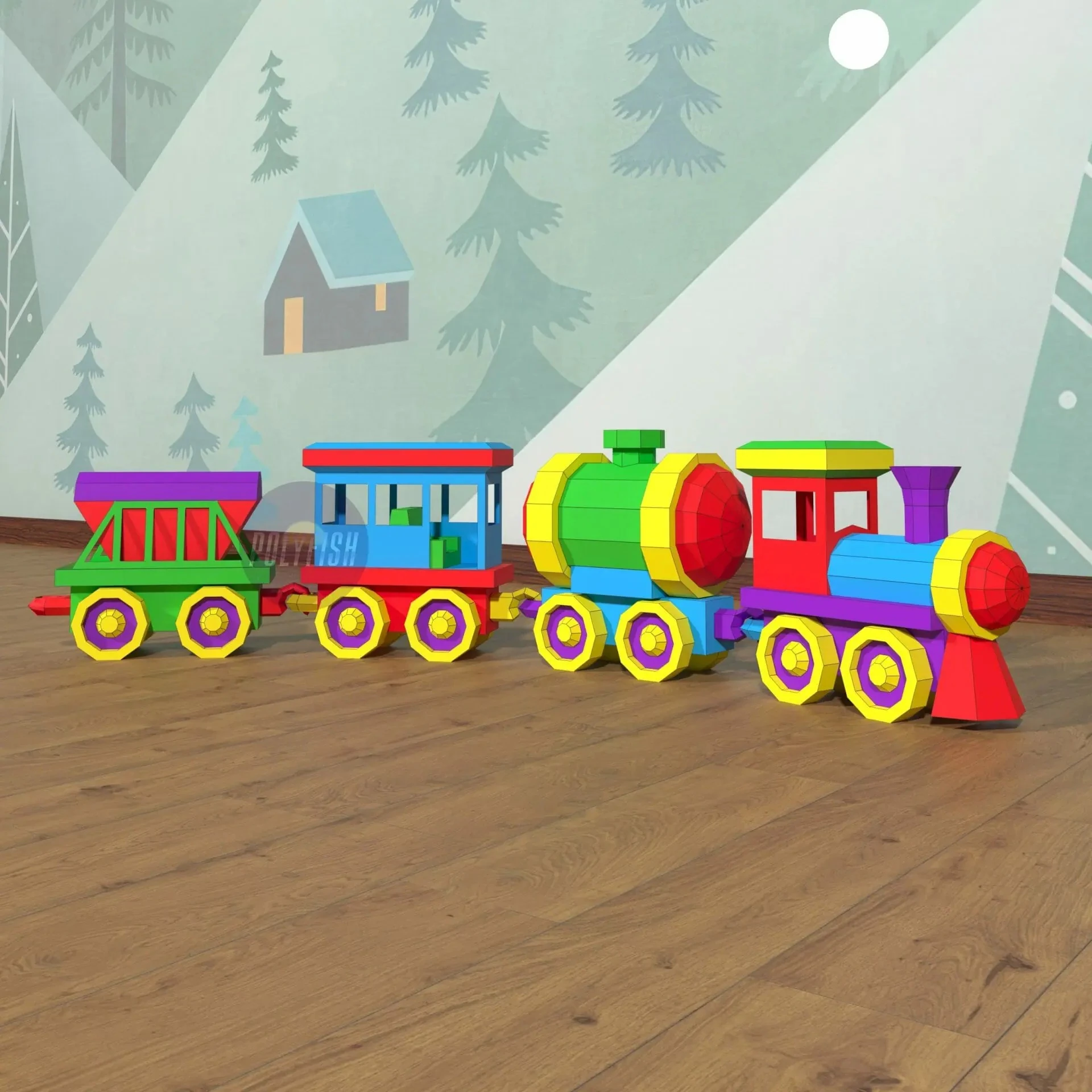 Train Toy PDF Template, Low Poly, Paper Sculpture, DIY, Pepakura Pattern, Handmade, Papercraft, Lowpoly, Lowpoly Papercraft