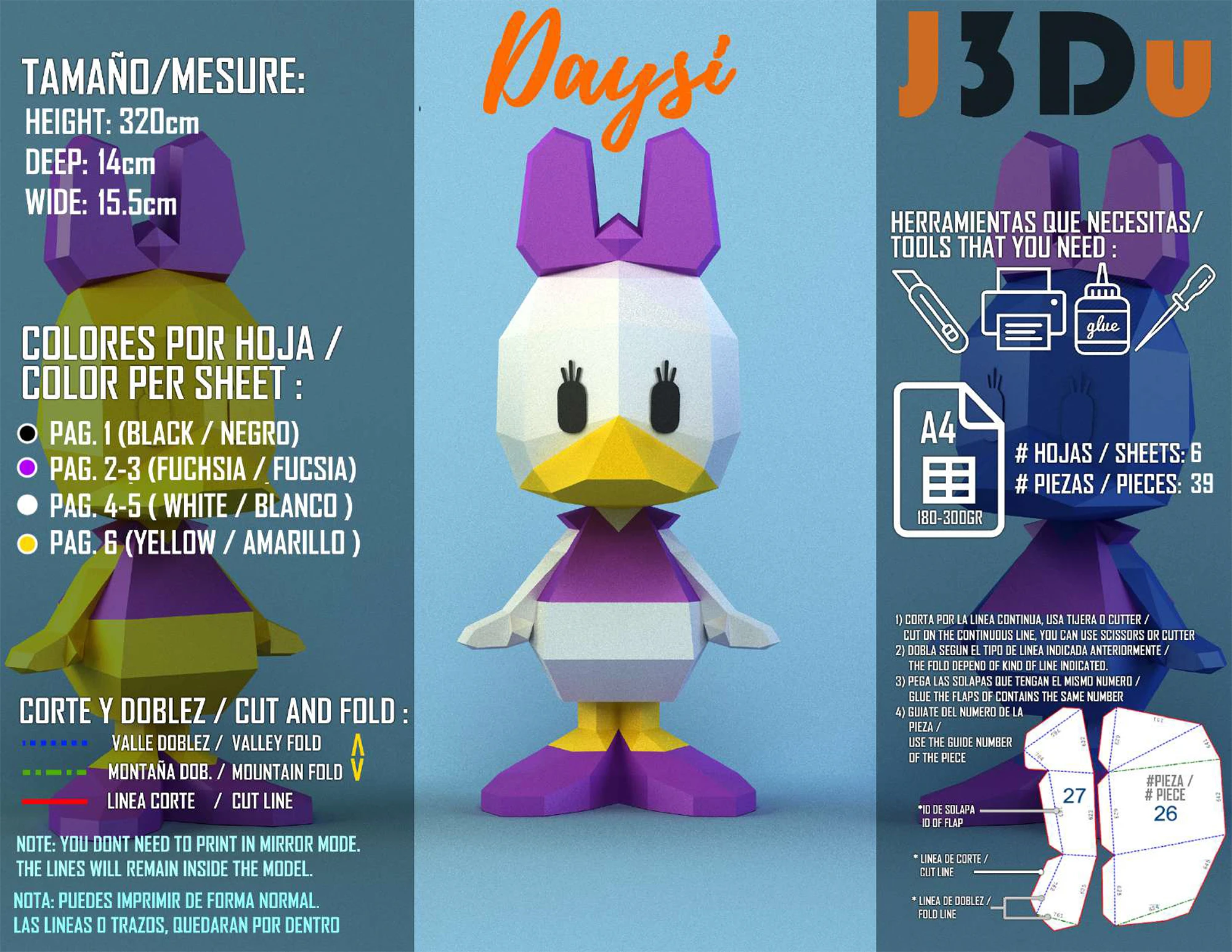 Daisy Duck Tiny Papercraft PDF, Template For office, Room, Decor, DIY gift for friends, family, Low poly Paper, Paper Craft 3D kit by J3Du