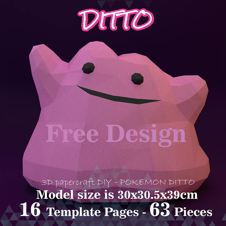 Pokemon Ditto Papercraft PDF, Template For office, Room, Decor, DIY gift for friends, family, Low poly Paper, Paper Craft 3D kit by J3Du