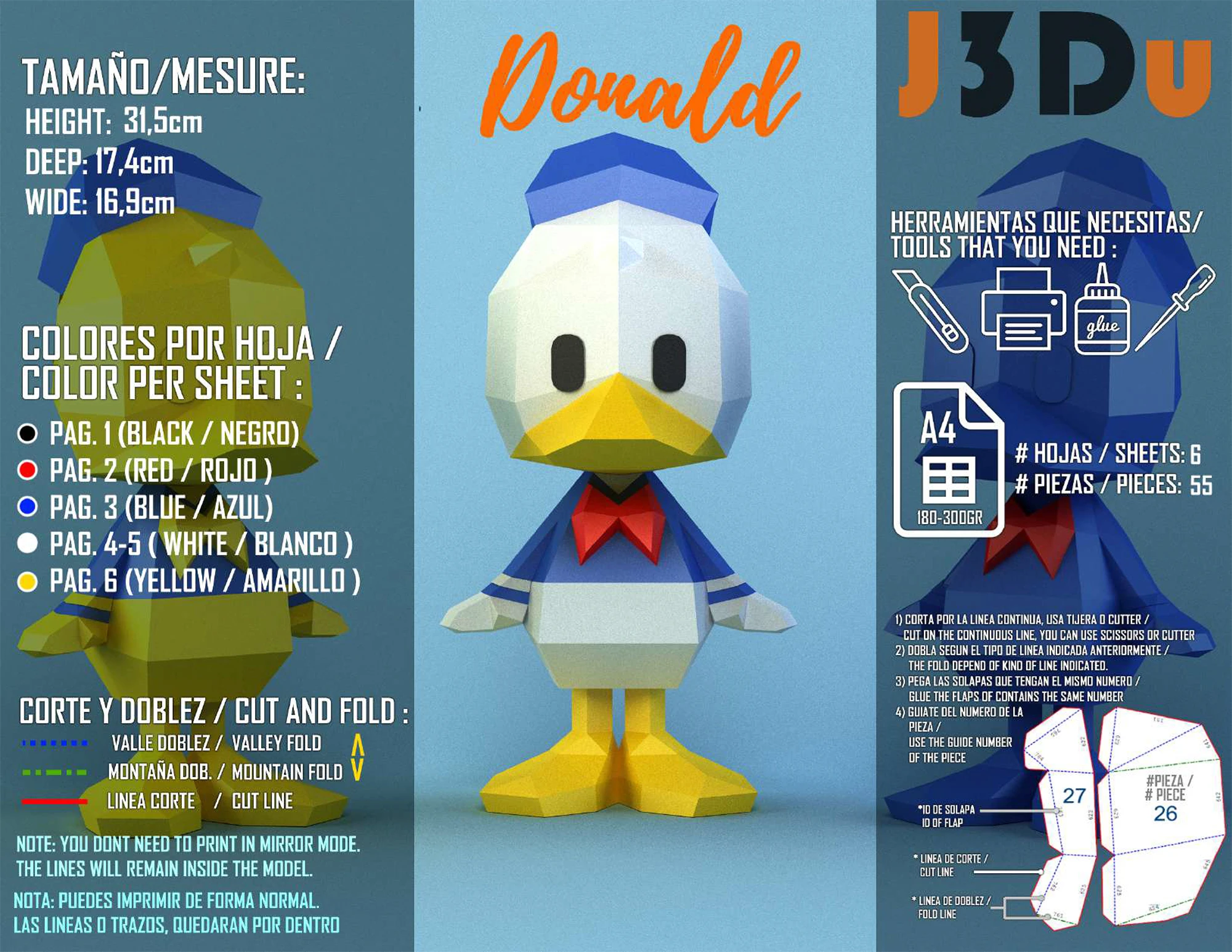 Donald Duck Tiny  Papercraft PDF, Template For office, Room, Decor, DIY gift for friends, family, Low poly Paper, Paper Craft 3D kit by J3Du