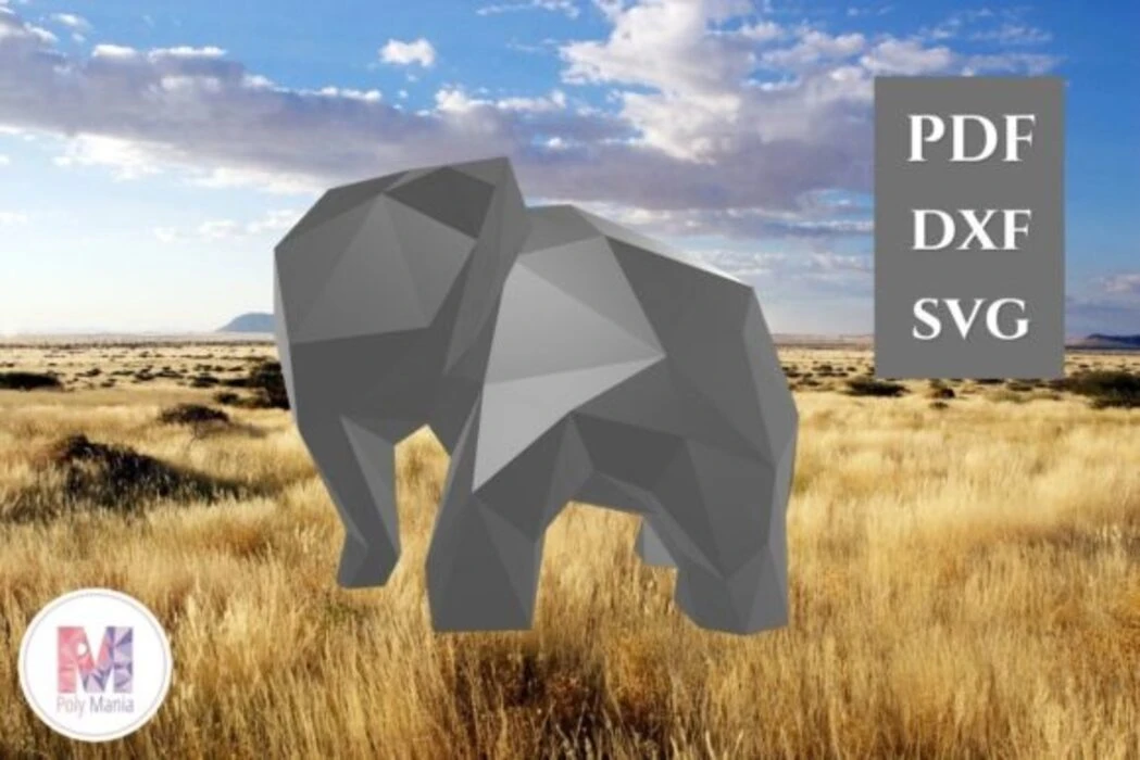 Elephant Paper Model Layout Baby Elephant Papercraft Template: 3D Low Poly Model (PDF, SVG, DXF)