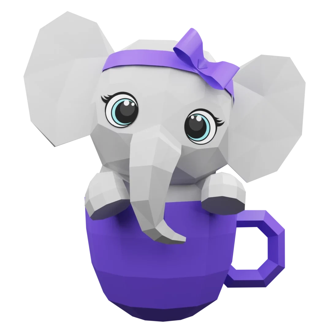 Cute elephant in cup 3d paper craft PDF, low poly paper craft DIY ...