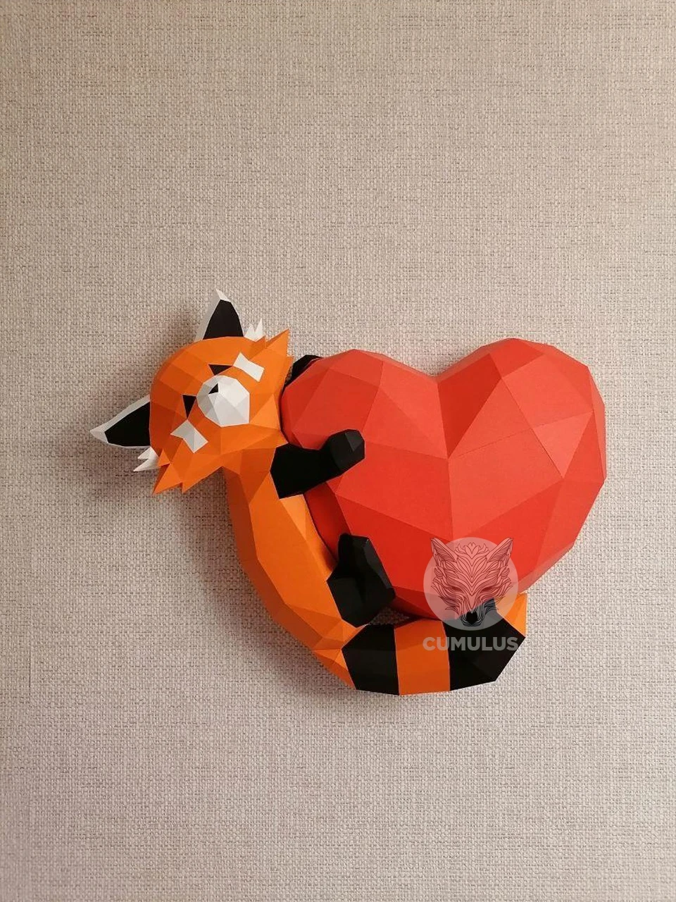 Red Panda on the Heart Papercraft Low Poly Decoration DIY Paper 3D CumulusCraft