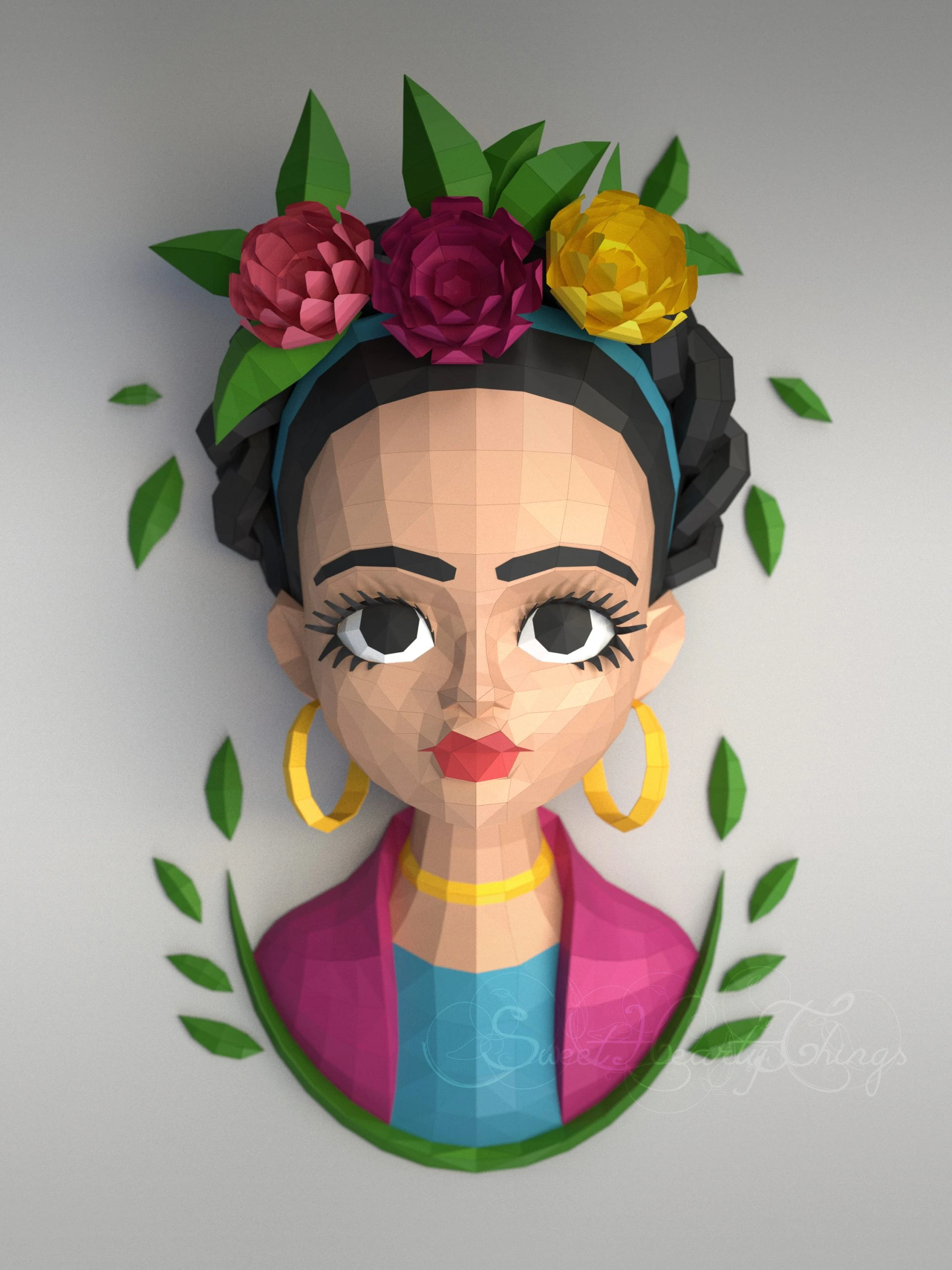 DIY 3d papercraft Frida Kahlo Wall Sculpture PDF Templates Low Poly SweetHeartyThings