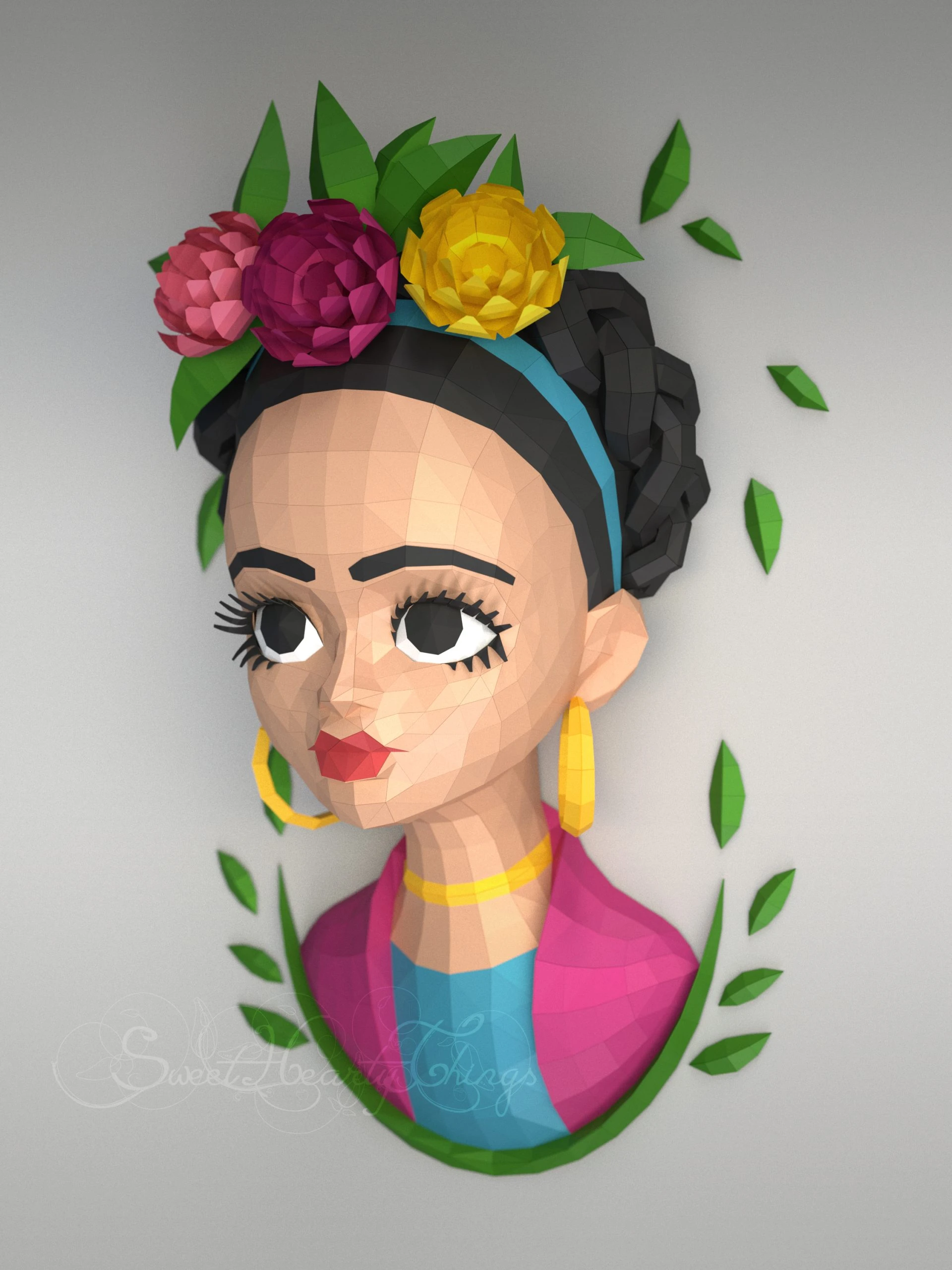 DIY 3d papercraft Frida Kahlo Wall Sculpture PDF Templates Low Poly SweetHeartyThings