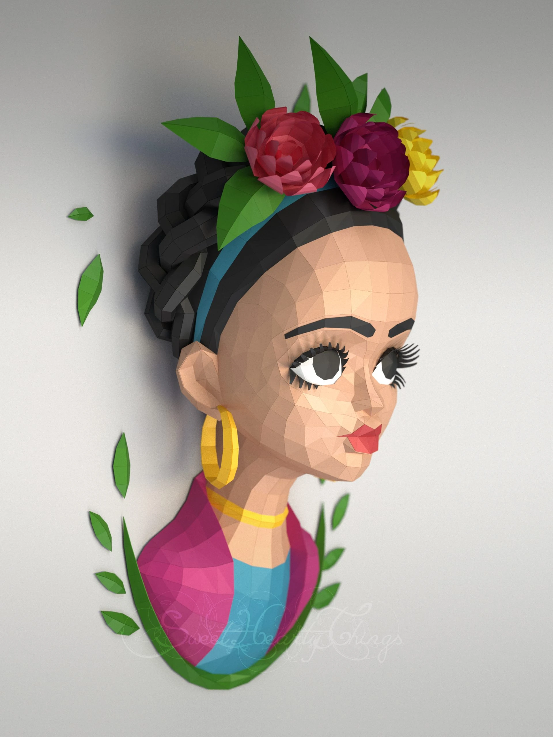 DIY 3d papercraft Frida Kahlo Wall Sculpture PDF Templates Low Poly SweetHeartyThings