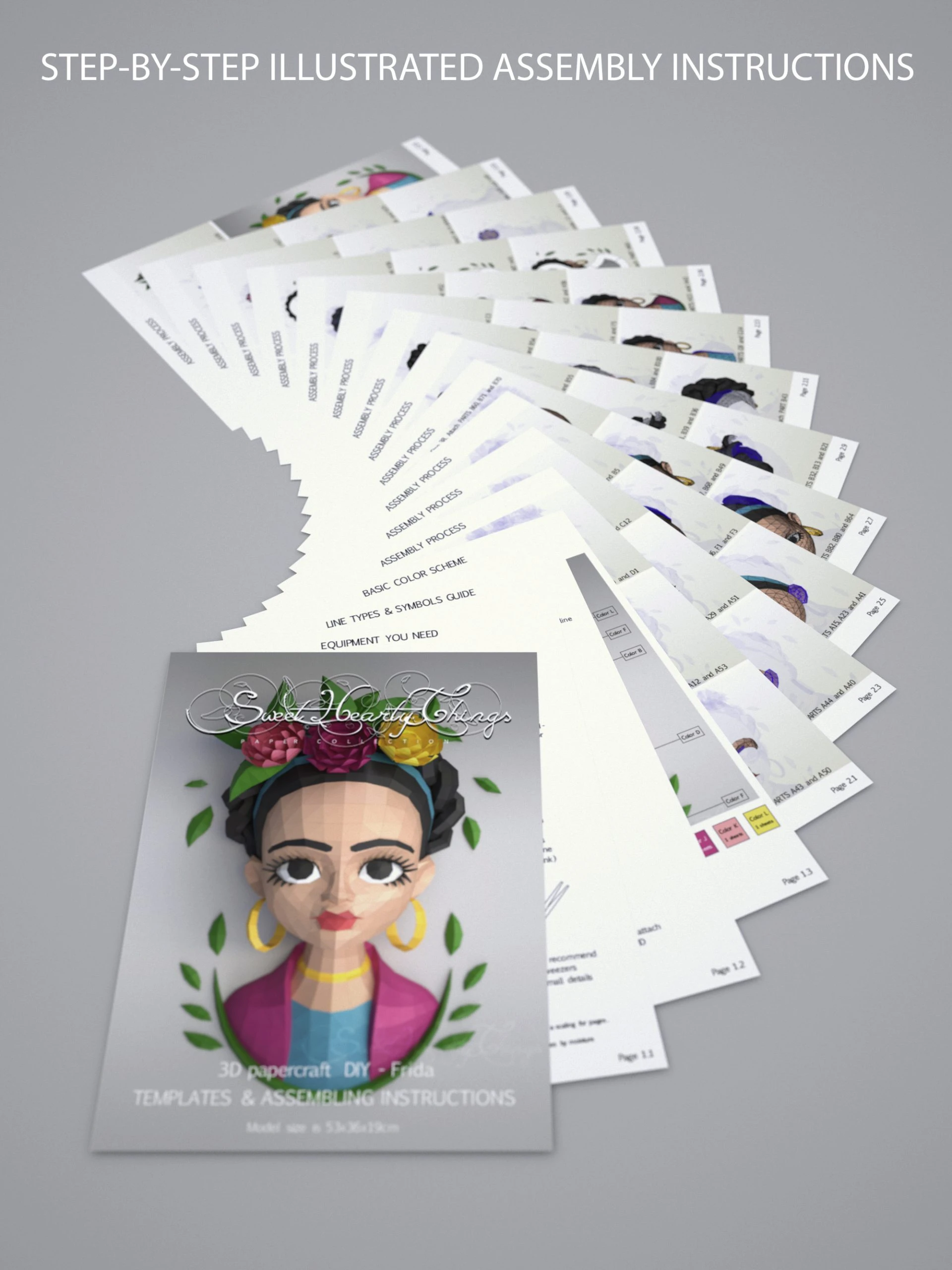 DIY 3d papercraft Frida Kahlo Wall Sculpture PDF Templates Low Poly SweetHeartyThings