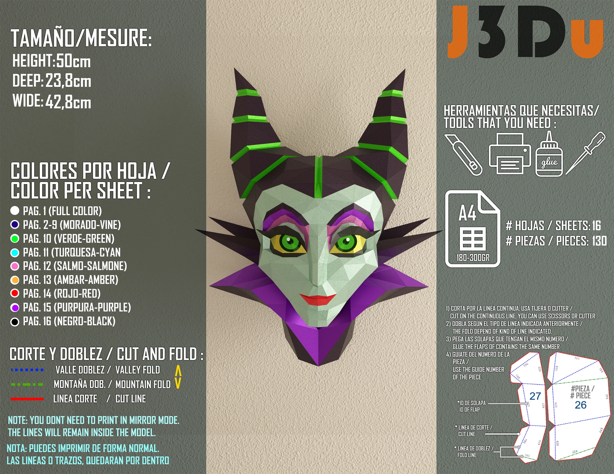 Maleficent Trophy Papercraft PDF, Template For office, Room, Decor, DIY gift for friends, family, Low poly Paper, Paper Craft 3D kit by J3Du