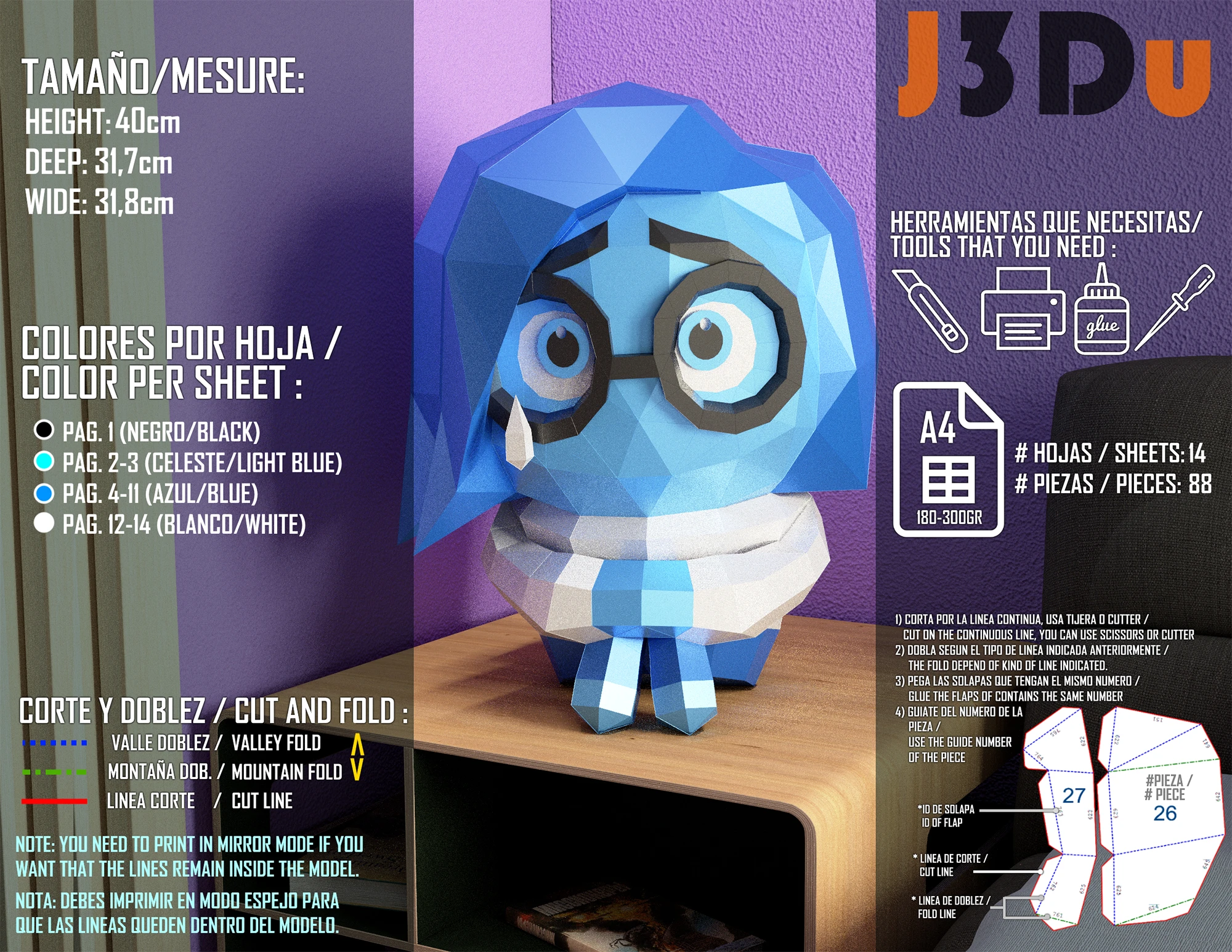 Sadness, Tristeza, Inside Out Papercraft PDF, Template For office, Room, Decor, DIY gift for friends, family, Low poly Paper, Paper Craft 3D kit by J3Du