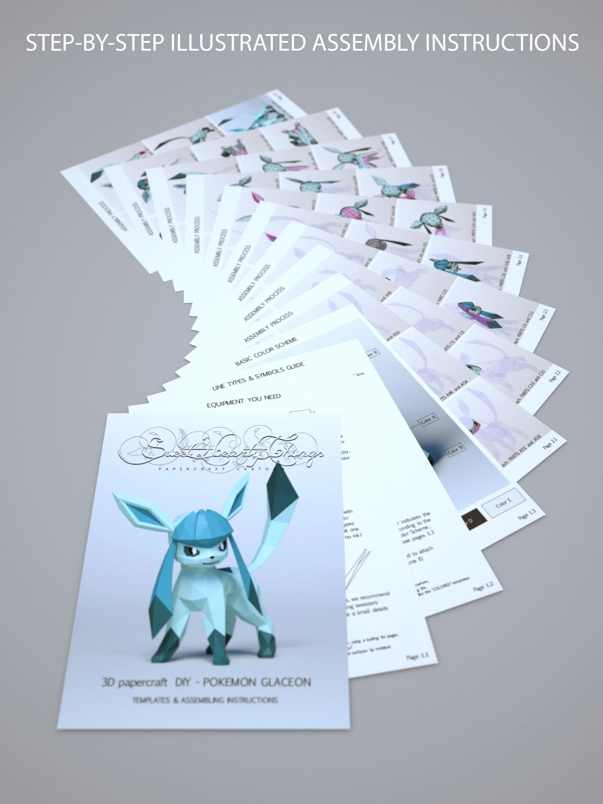 DIY 3d papercraft Pokemon Glaceon PDF Templates Low Poly SweetHeartyThings