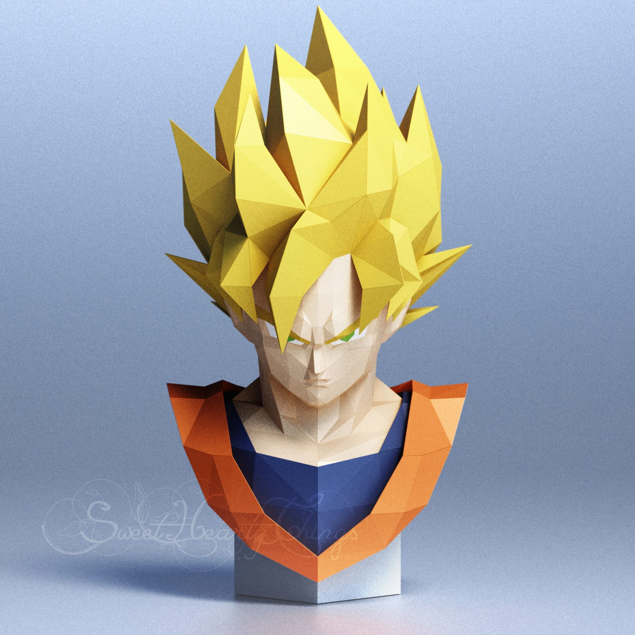 DIY 3d papercraft Dragon Ball Son Goku Bust PDF Templates Low Poly SweetHeartyThings