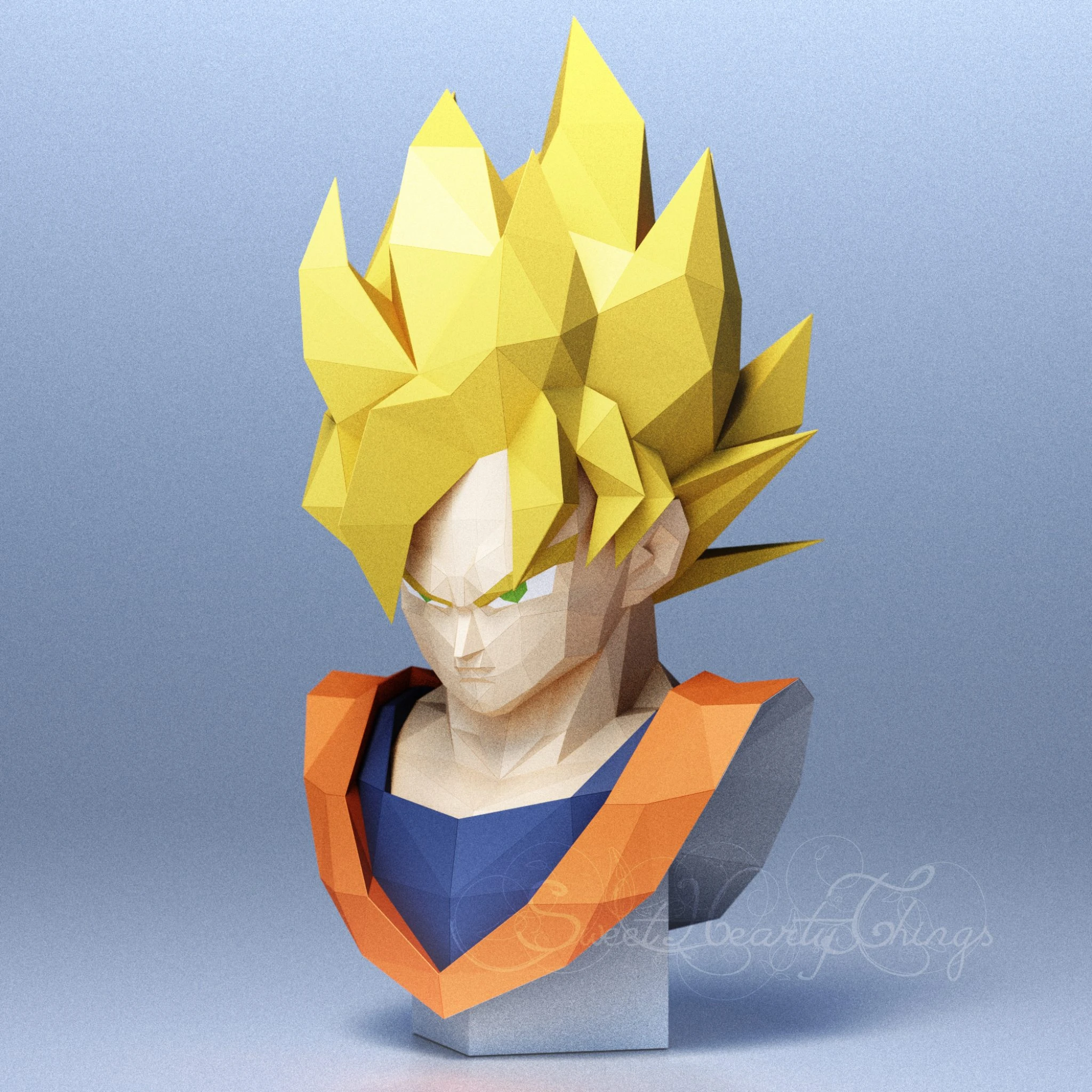 DIY 3d papercraft Dragon Ball Son Goku Bust PDF Templates Low Poly SweetHeartyThings