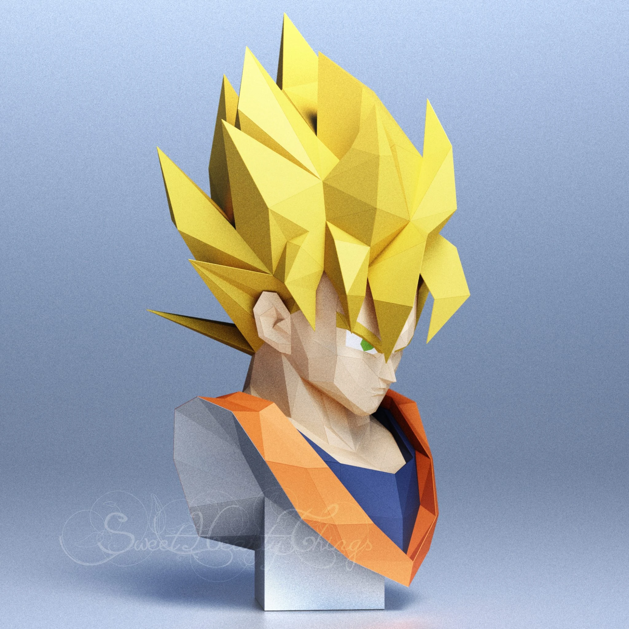 DIY 3d papercraft Dragon Ball Son Goku Bust PDF Templates Low Poly SweetHeartyThings