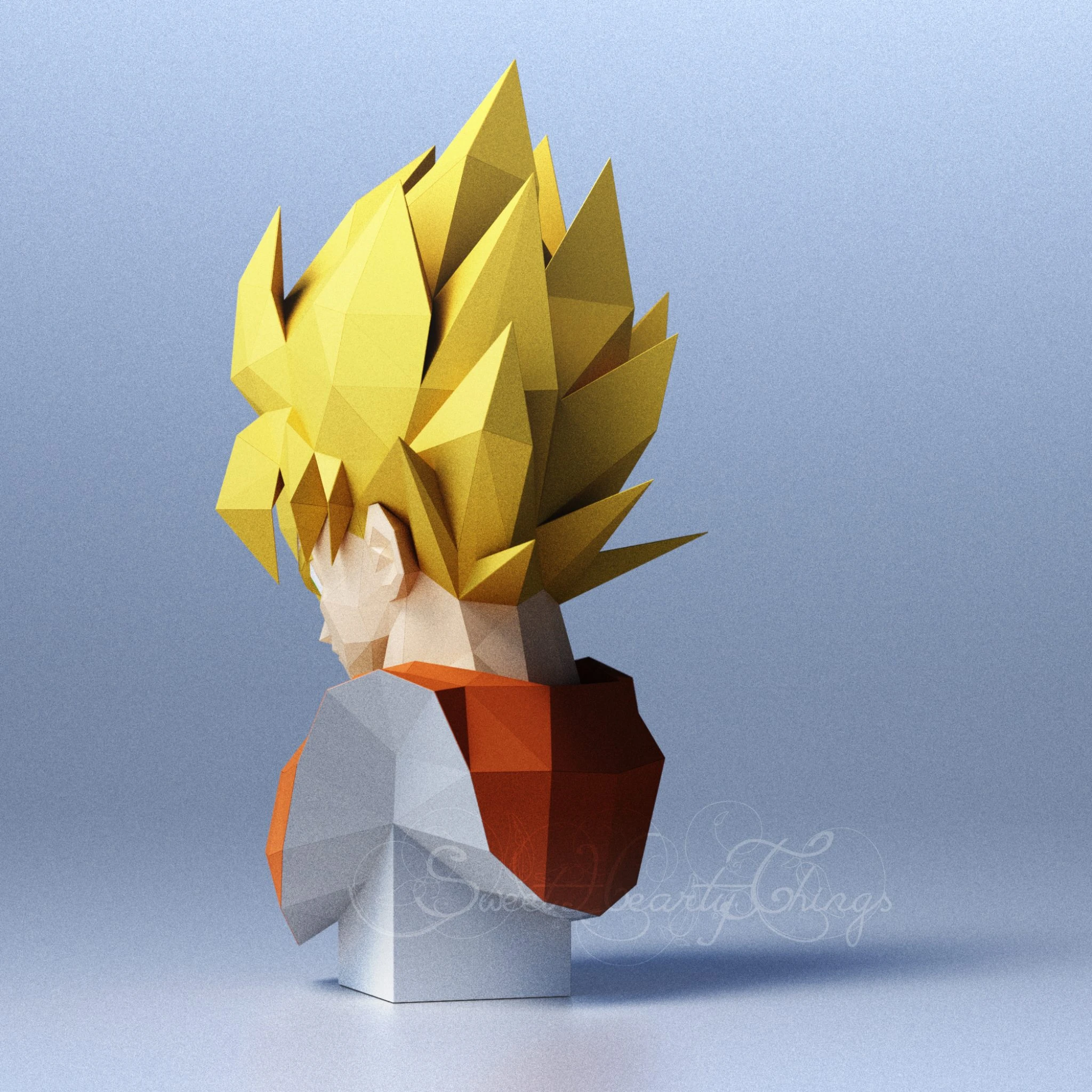 DIY 3d papercraft Dragon Ball Son Goku Bust PDF Templates Low Poly SweetHeartyThings