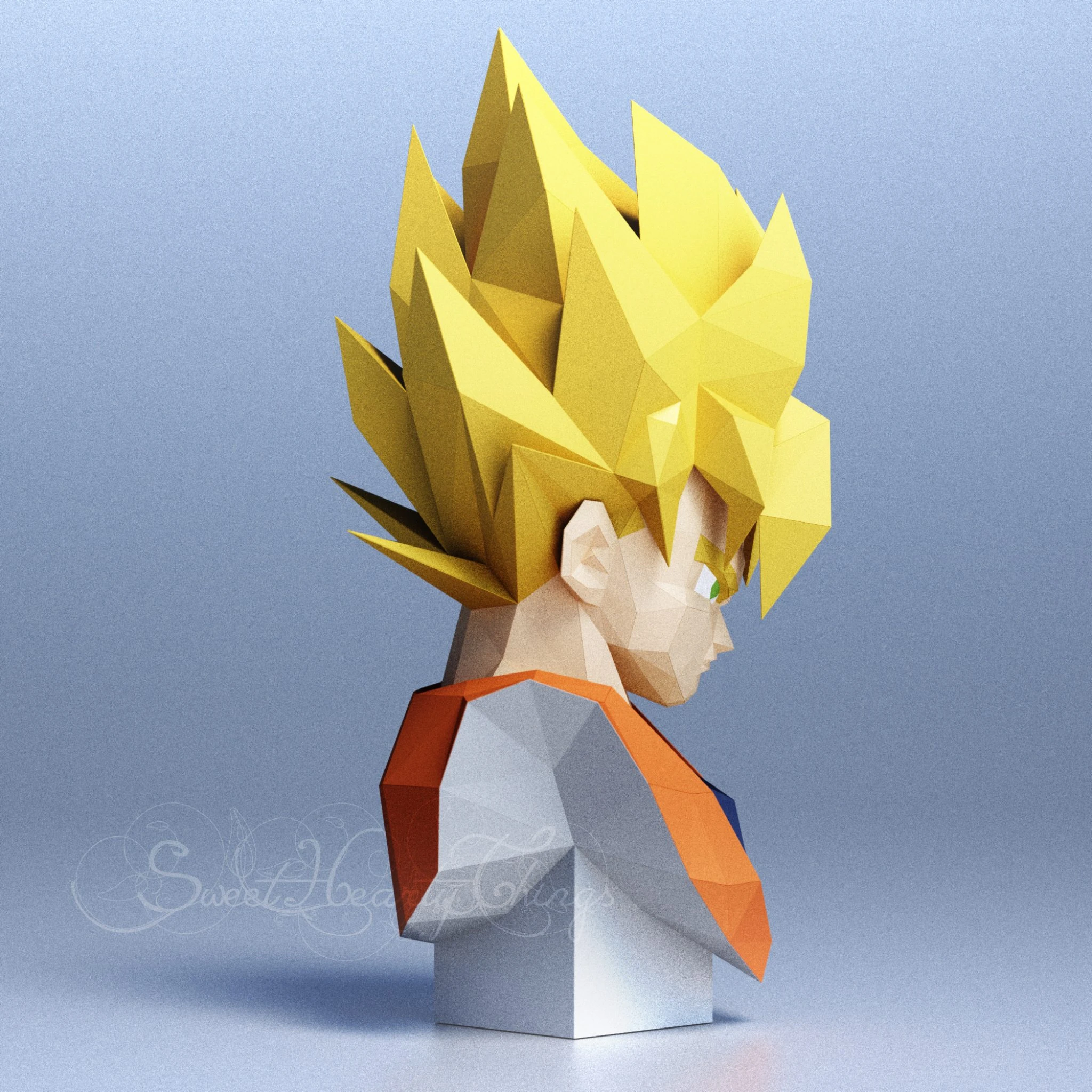 DIY 3d papercraft Dragon Ball Son Goku Bust PDF Templates Low Poly SweetHeartyThings