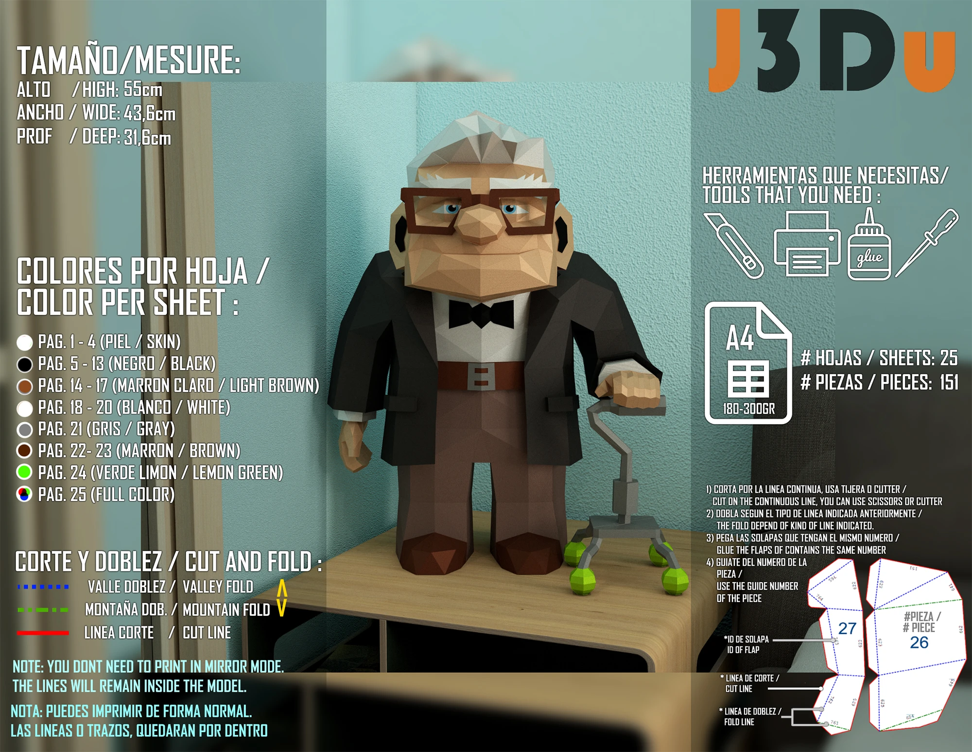 Carl Fredricksen, Up Movie Papercraft PDF, Template For office, Room, Decor, DIY gift for friends, family, Low poly Paper, Paper Craft 3D kit by J3Du