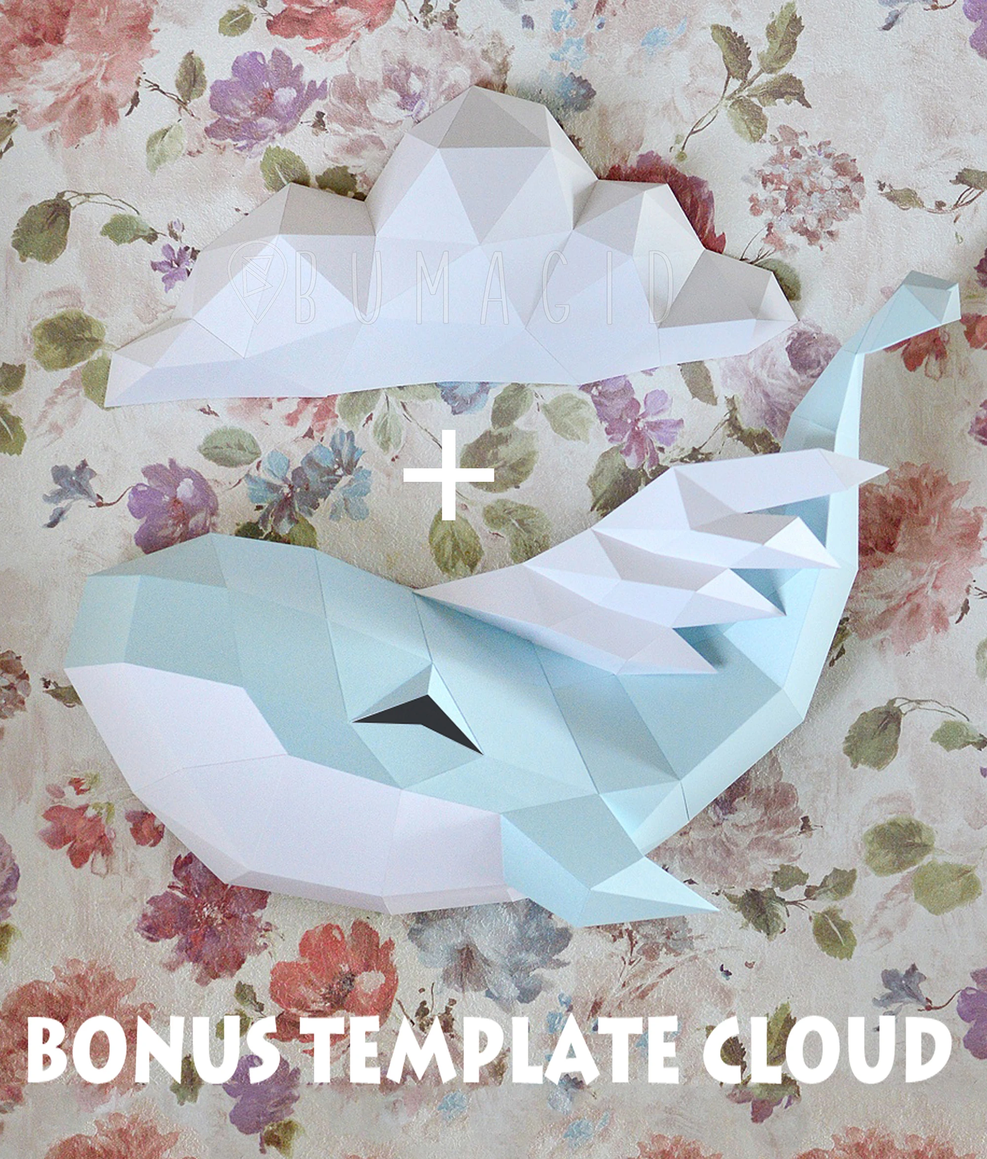 Cloud and Flying Whale for Creative Crafts & Decor, PDF Template, Paper Sculpture, DIY, Pepakura Pattern, Handmade, Papercraft, Lowpoly, Lowpoly Papercraft, BUMAGID