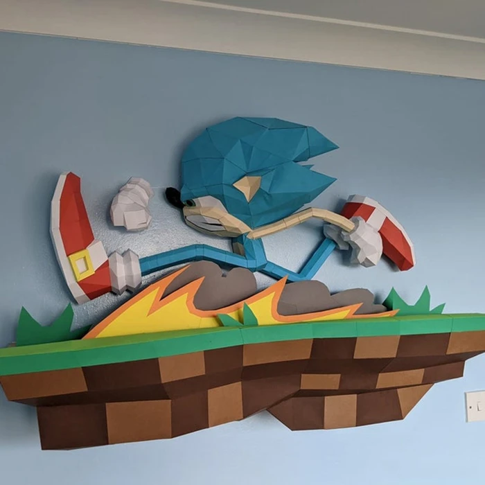 Sonic Running Papercraft, PDF Template, DIY 3d Model, FanArt, Paper Sculpture, Low Poly, Pepakura Craft, Manualidad