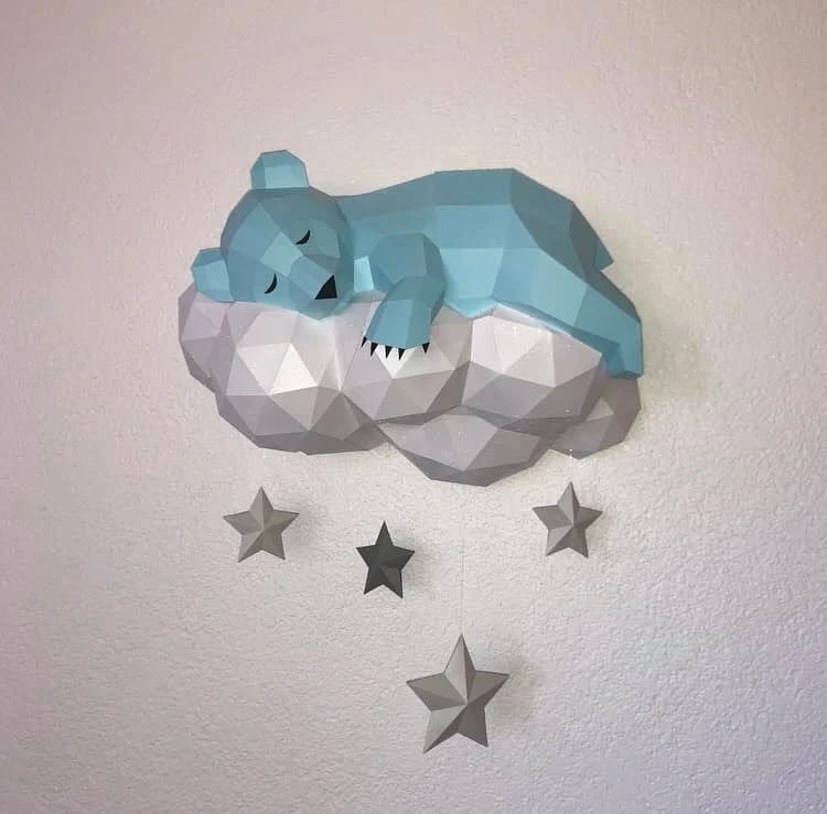 PDF Papercraft Bear on a cloud, Paper Craft 3D origami kit, 3D Papercraft animal, DIY paper model, Papercraft template, low poly pepakura A4