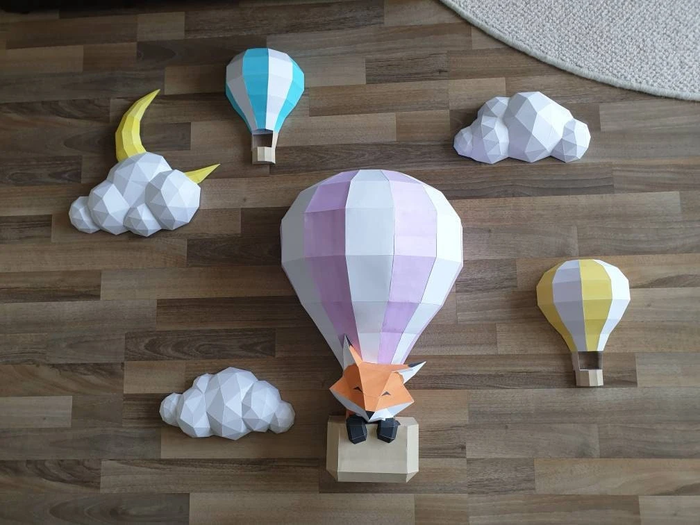 Papercraft Balloons and Clouds, paper craft sky panorama, moon paper model, Fox in the balloon, kid PDF, for girl, for boy, Children's room.