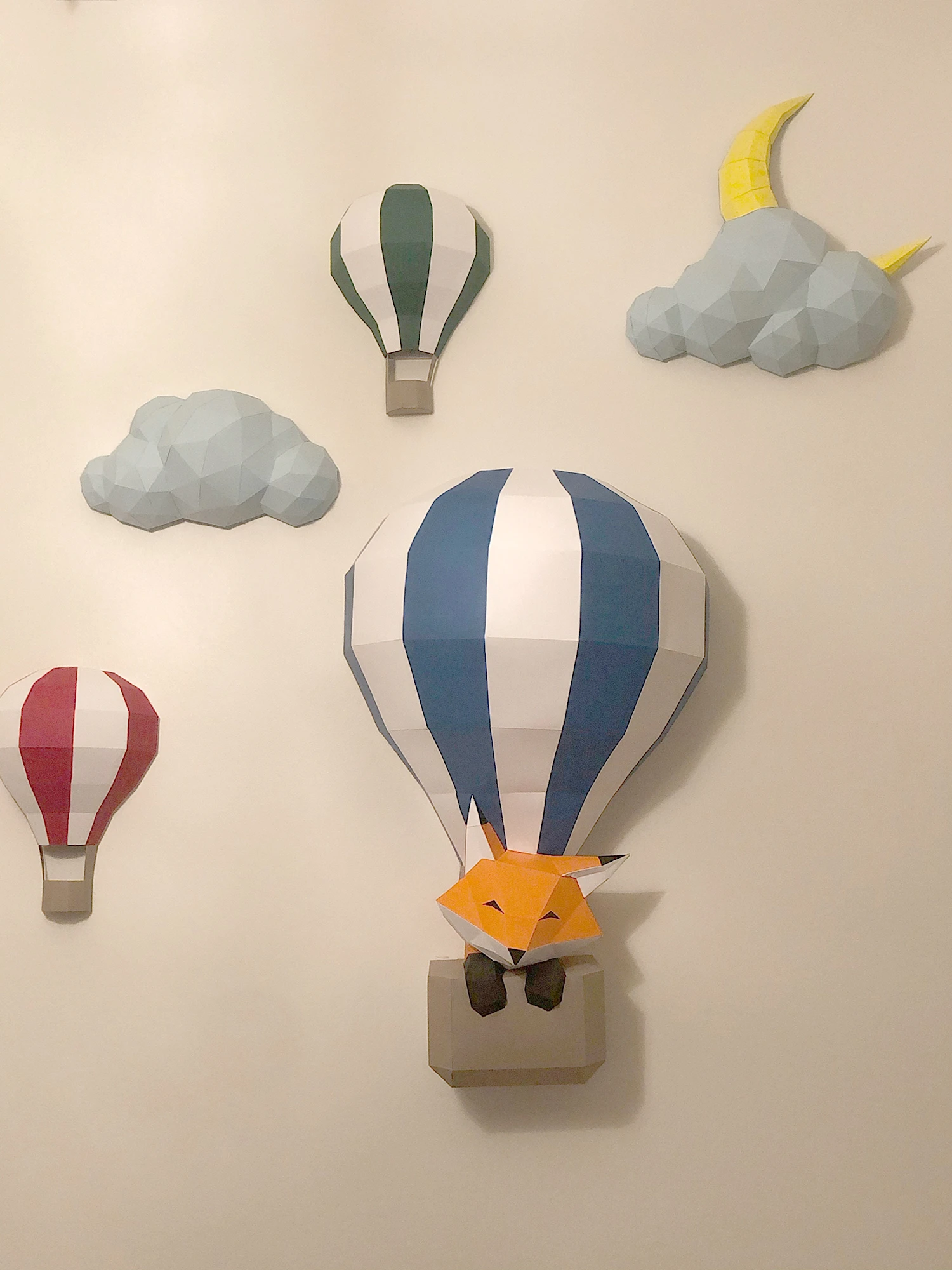 Papercraft Balloons and Clouds, paper craft sky panorama, moon paper model, Fox in the balloon, kid PDF, for girl, for boy, Children's room.