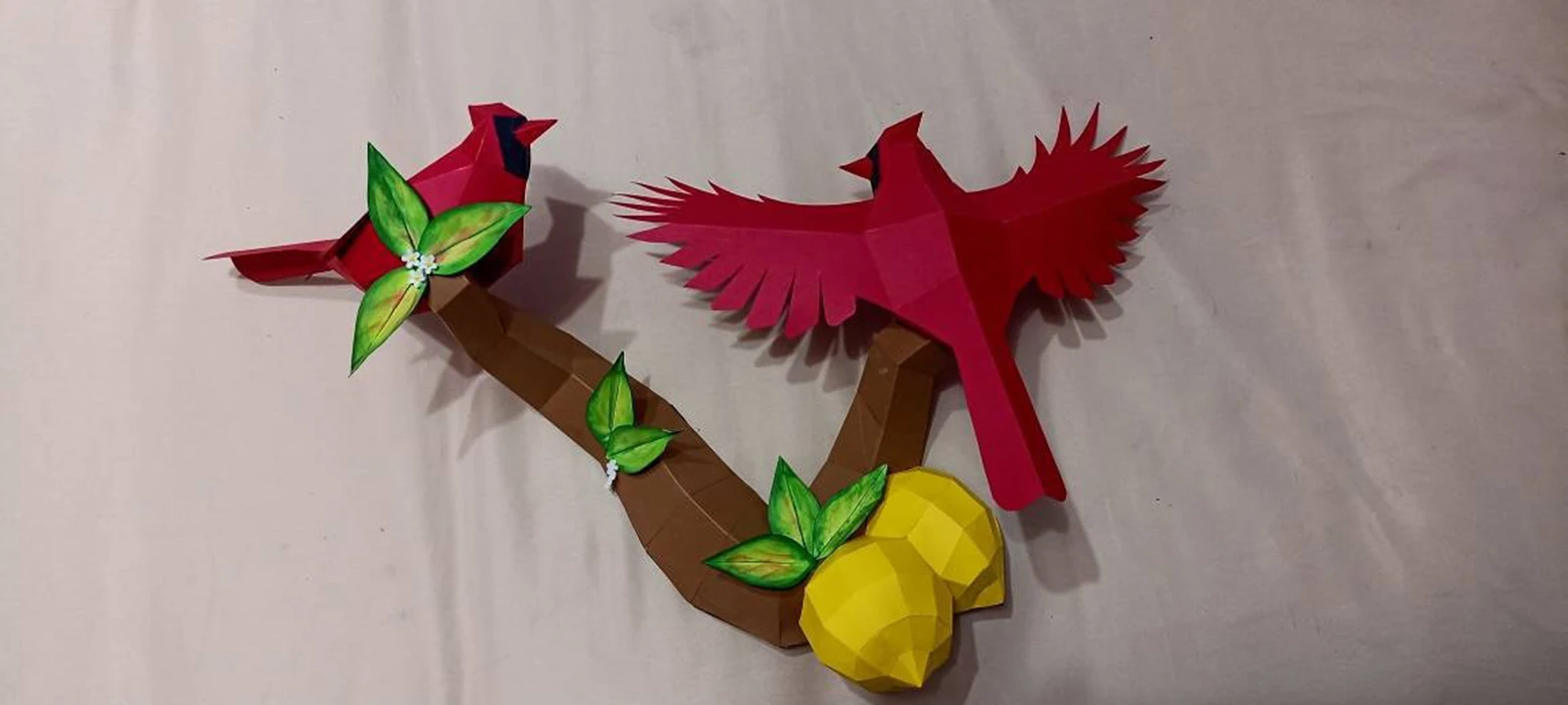 Papercraft Birds on a branch with lemons, Northern Cardinal low poly paper model, Paper craft PDF template, printable 3D puzzle, digital kit