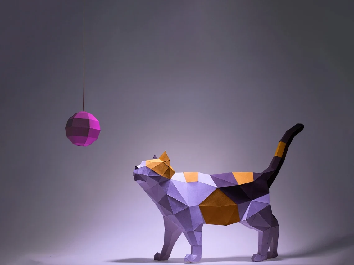 Cat Stand Paper Craft, Digital Template, Origami, PDF Download DIY, Low Poly, Trophy, Sculpture, Cat Stand Model