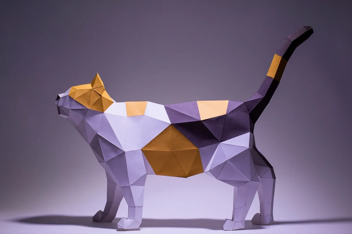 Cat Stand Paper Craft, Digital Template, Origami, PDF Download DIY, Low Poly, Trophy, Sculpture, Cat Stand Model