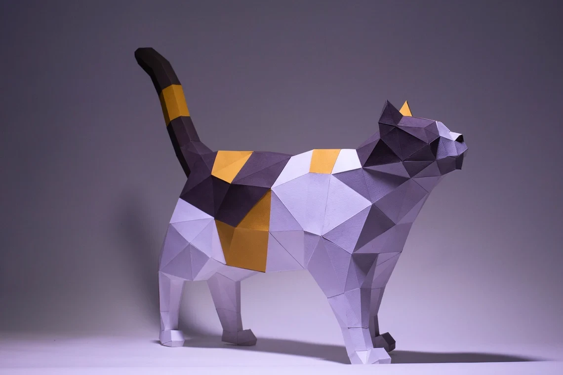 Cat Stand Paper Craft, Digital Template, Origami, PDF Download DIY, Low Poly, Trophy, Sculpture, Cat Stand Model