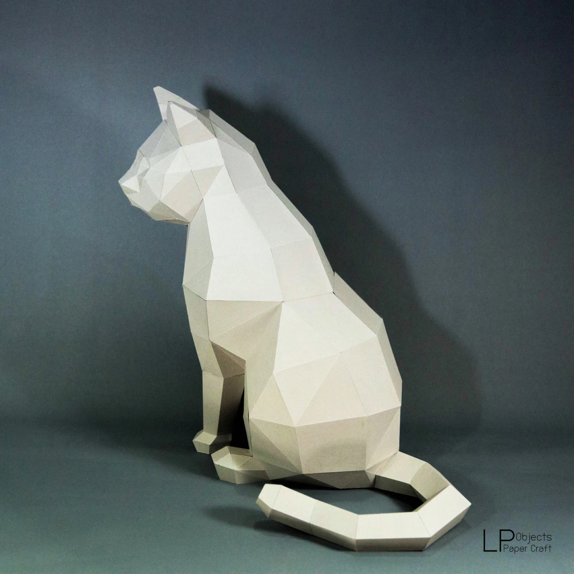 Cat Sit Paper Craft, Digital Template, Origami, PDF Download DIY, Low Poly, Trophy, Sculpture, Model