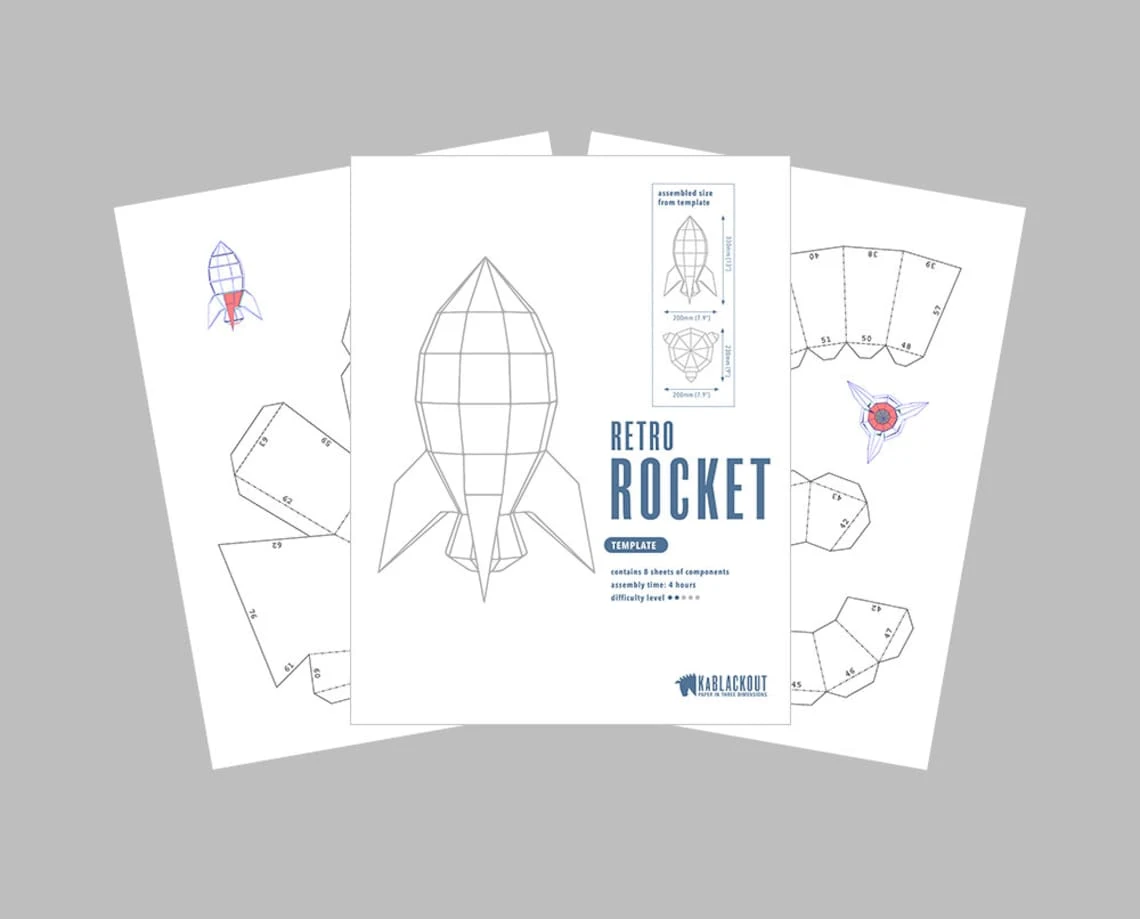 Rocket Papercraft Template, DIY Papercraft, 3D Rocket, Printable Space Prop, Low Poly Retro Rocket, NASA Rocket, Desk Decor - Papercraft PDF