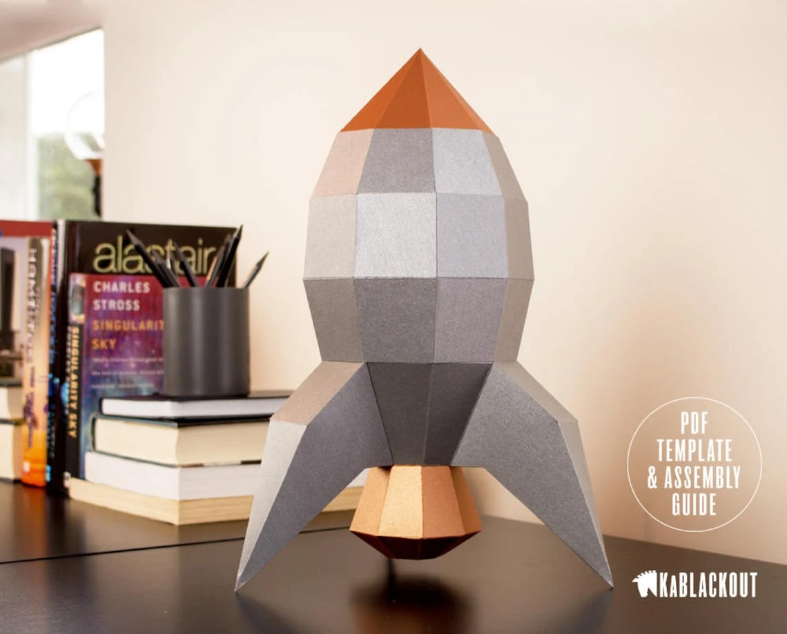 Rocket Papercraft Template, DIY Papercraft, 3D Rocket, Printable Space Prop, Low Poly Retro Rocket, NASA Rocket, Desk Decor - Papercraft PDF