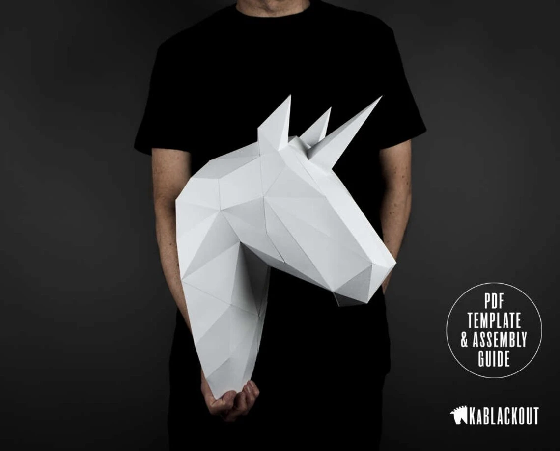 Galloping Unicorn, Low Poly Unicorn Head And Legs Wall Decor, DIY Unicorn Trophy Wall Art, 3D Papercraft- Printable PDF Template Download