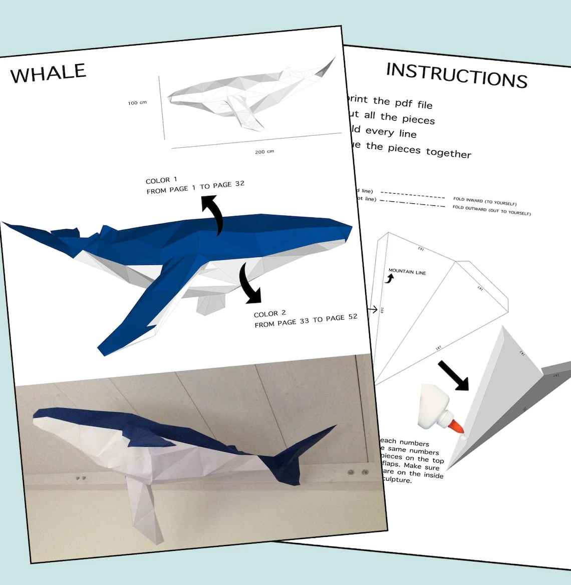 Low Poly XXL Whale Model, Create Your Own 3D Papercraft Whale, Origami Whale, Blue Whale, Wall hanging, Eburgami