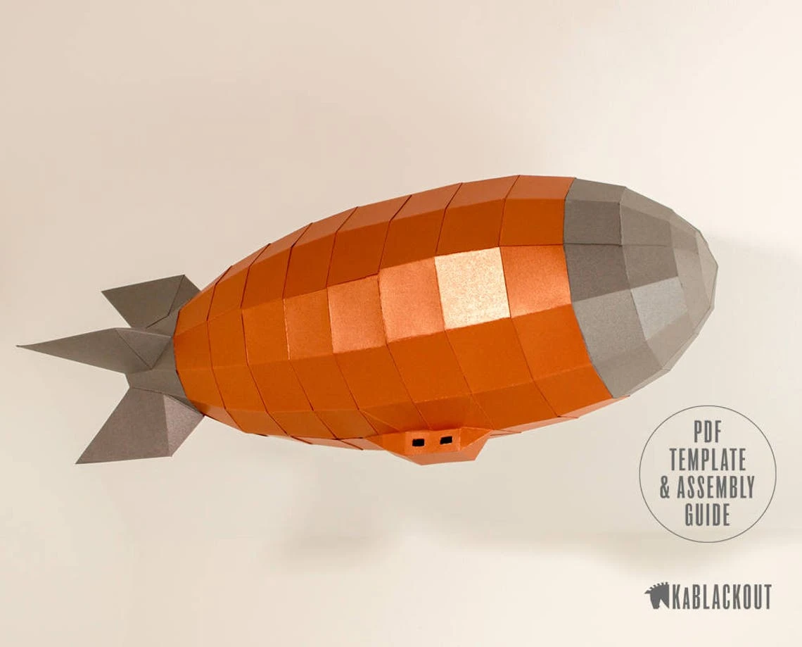 Low Poly Airship, Steampunk Airship, Airship Papercraft, Paper Model Blimp, Ceiling Decor - DIY Printable PDF Papercraft Template Download