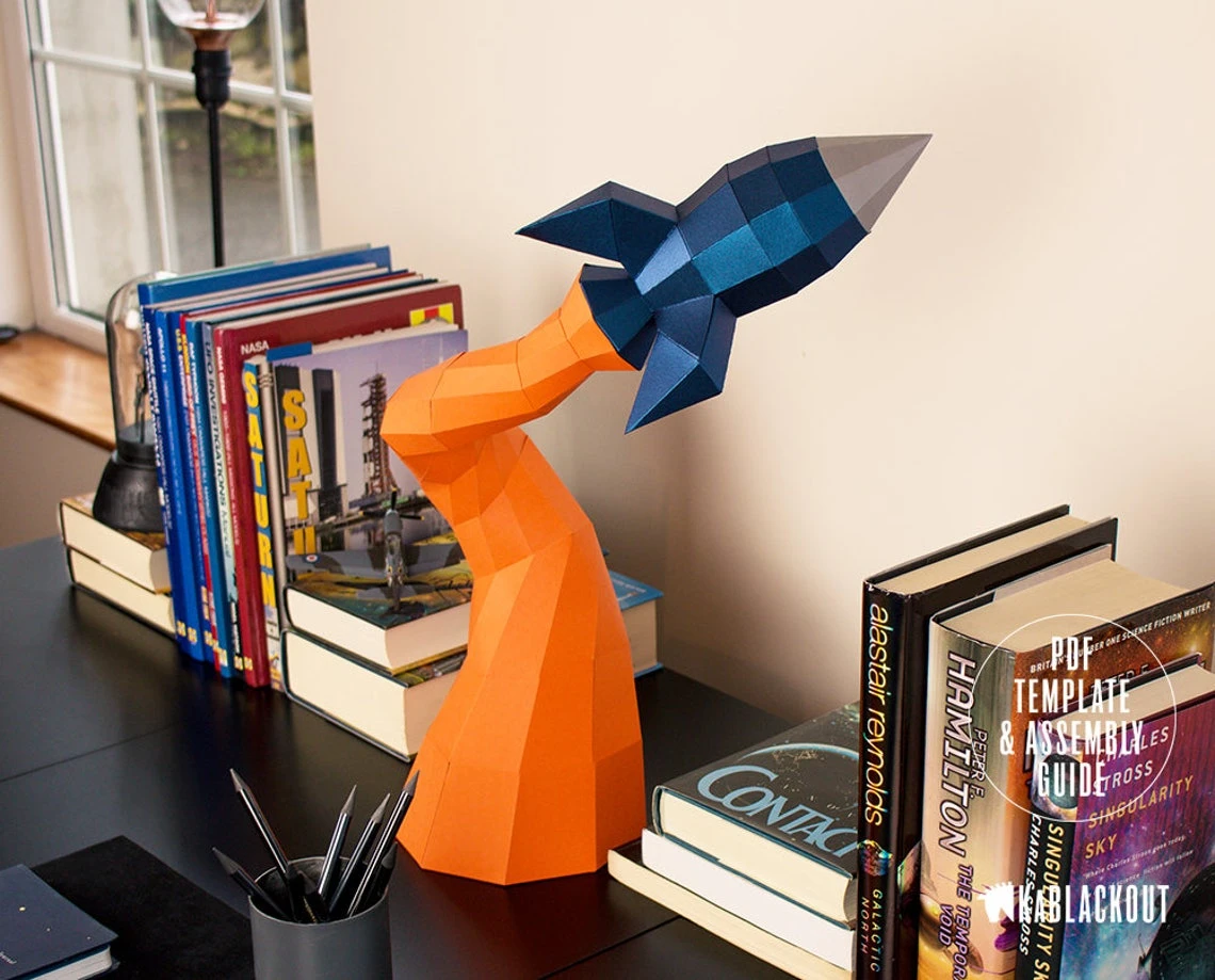 Low Poly Papercraft Rocket | Paper Rocket Desk Decor | Paper Craft Spaceship | Blast Off Rocket - Printable PDF Template Download