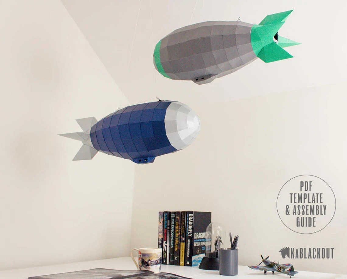 Low Poly Airship, Steampunk Airship, Airship Papercraft, Paper Model Blimp, Ceiling Decor - DIY Printable PDF Papercraft Template Download